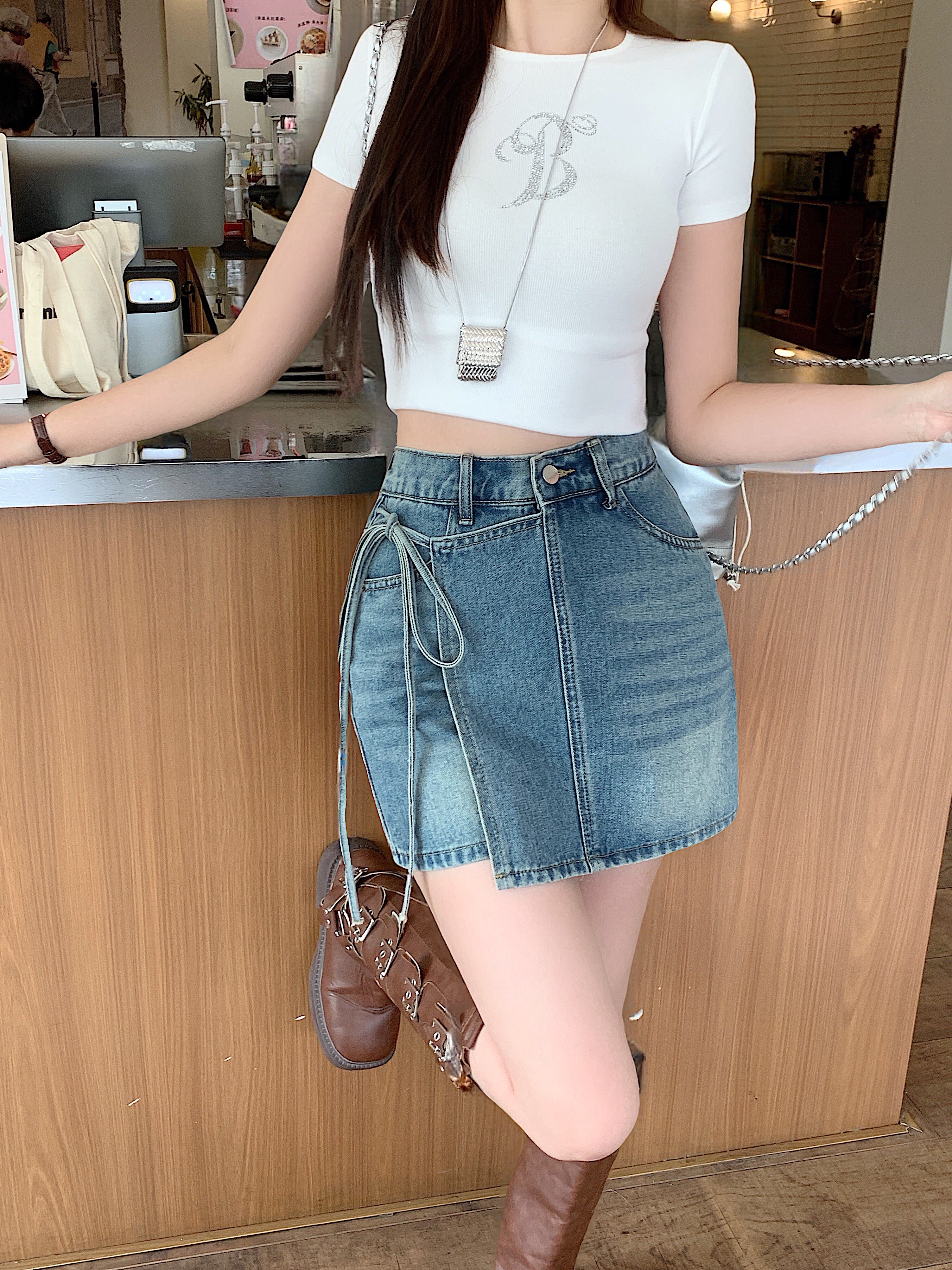 B293(65527) 韩版JEANS单银钮前片遮肚边系带蓝前裙后裤