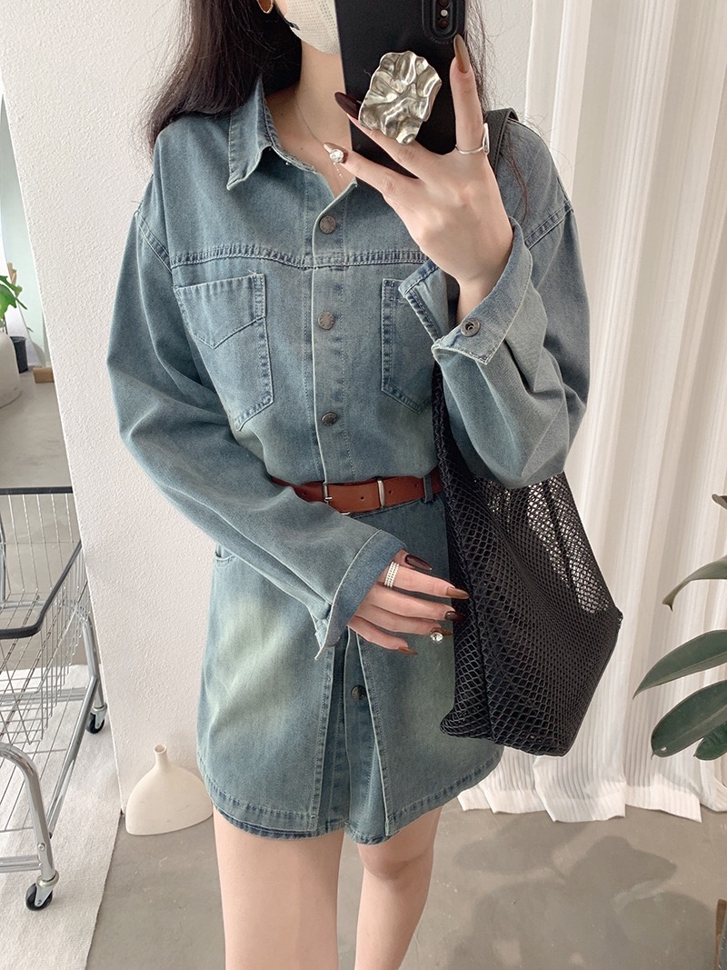 韩版宽松中长款牛仔衬衫+屁帘两件套装