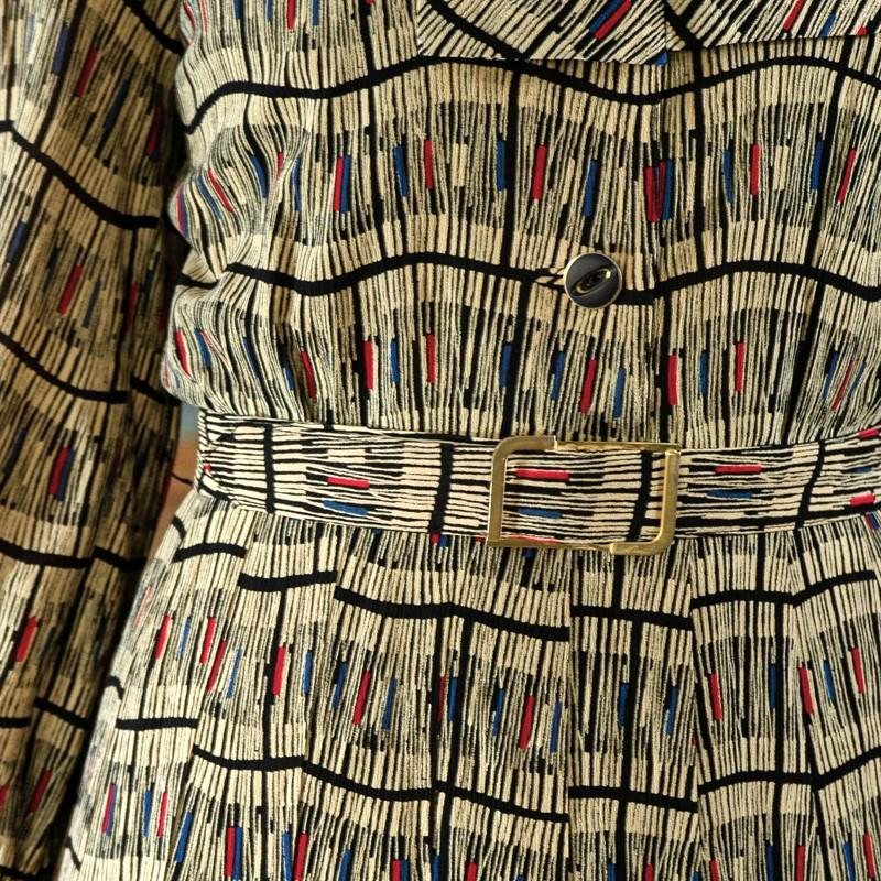 Vintage Japanese Abstract Pattern Tie Collar Day Dress with Original Belt (MT1608-153)
