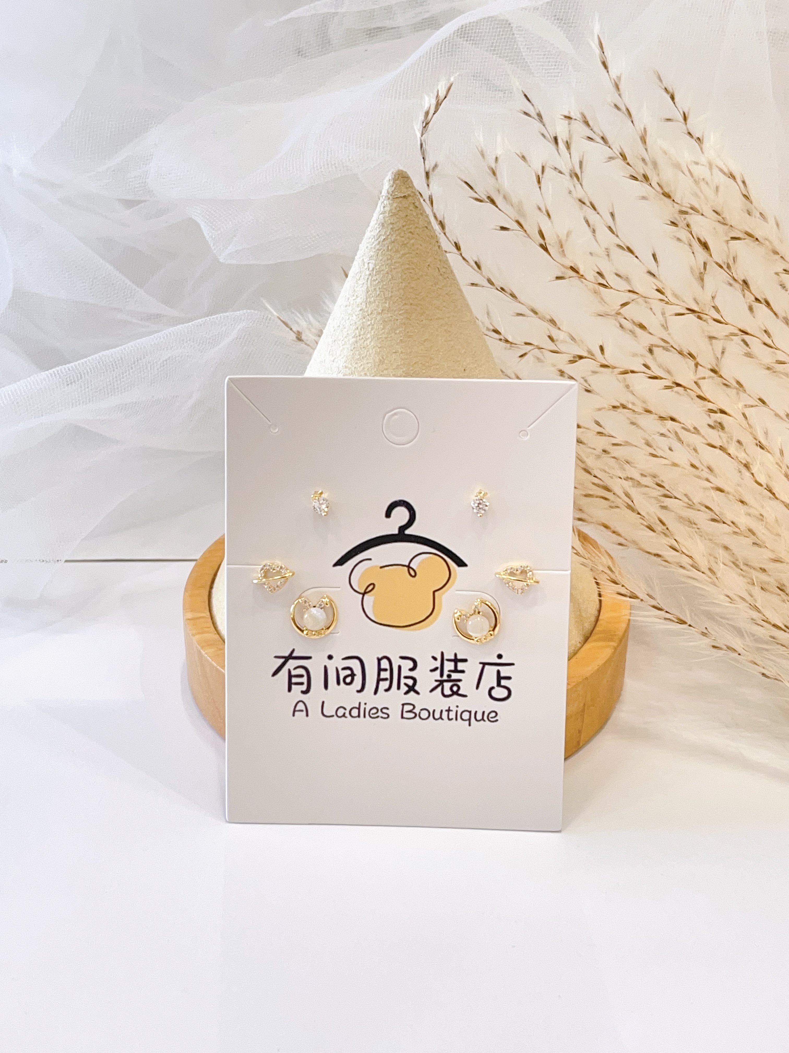 猫眼石兔子爱心耳环套装