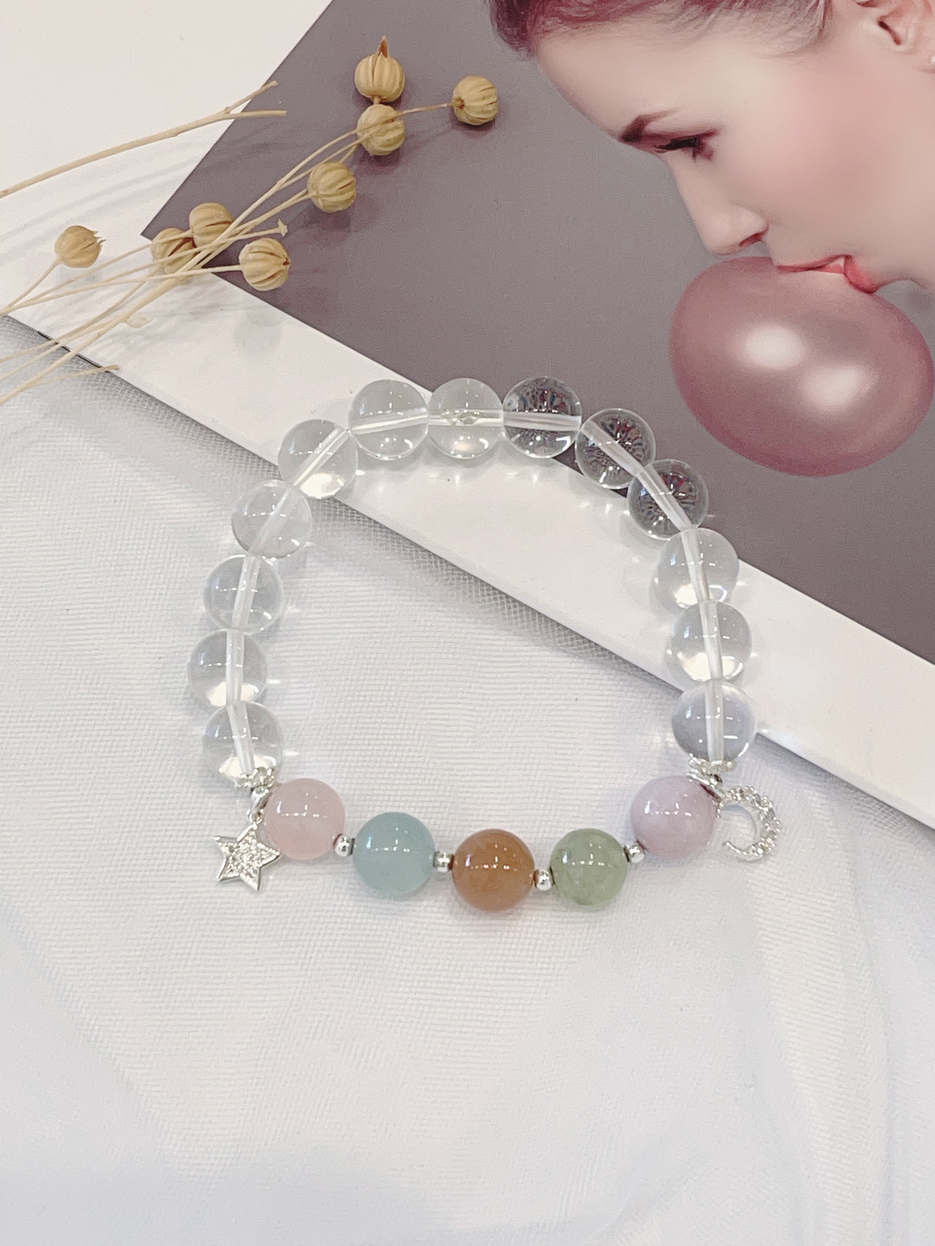🌙 白水晶 × 多彩水晶 × 星月手串  Clear Quartz & Mixed Crystals｜10.5mm 星月愿望