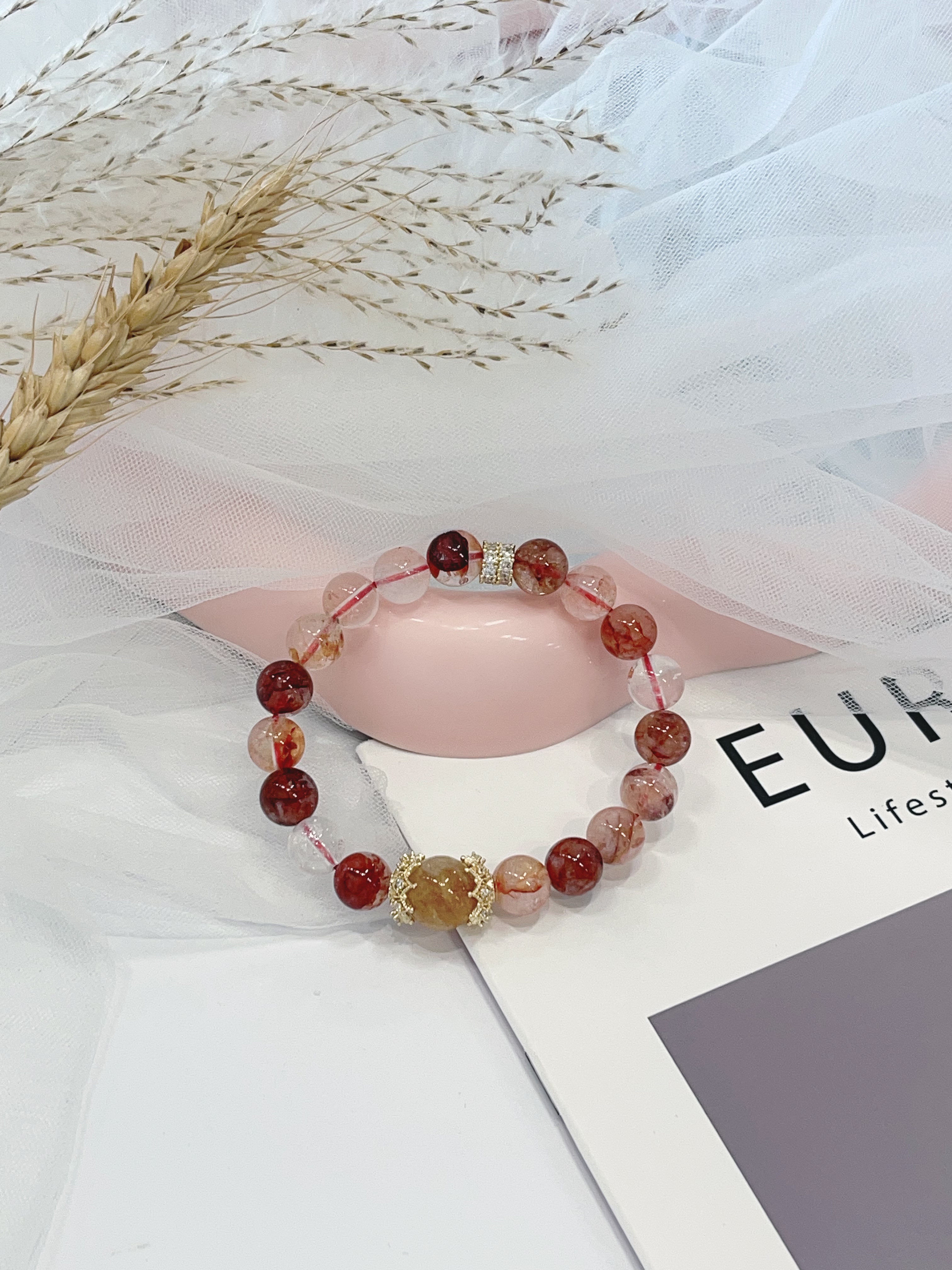 🌸 红胶花 × 黄塔晶手串 Red Agate & Citrine｜9.5mm