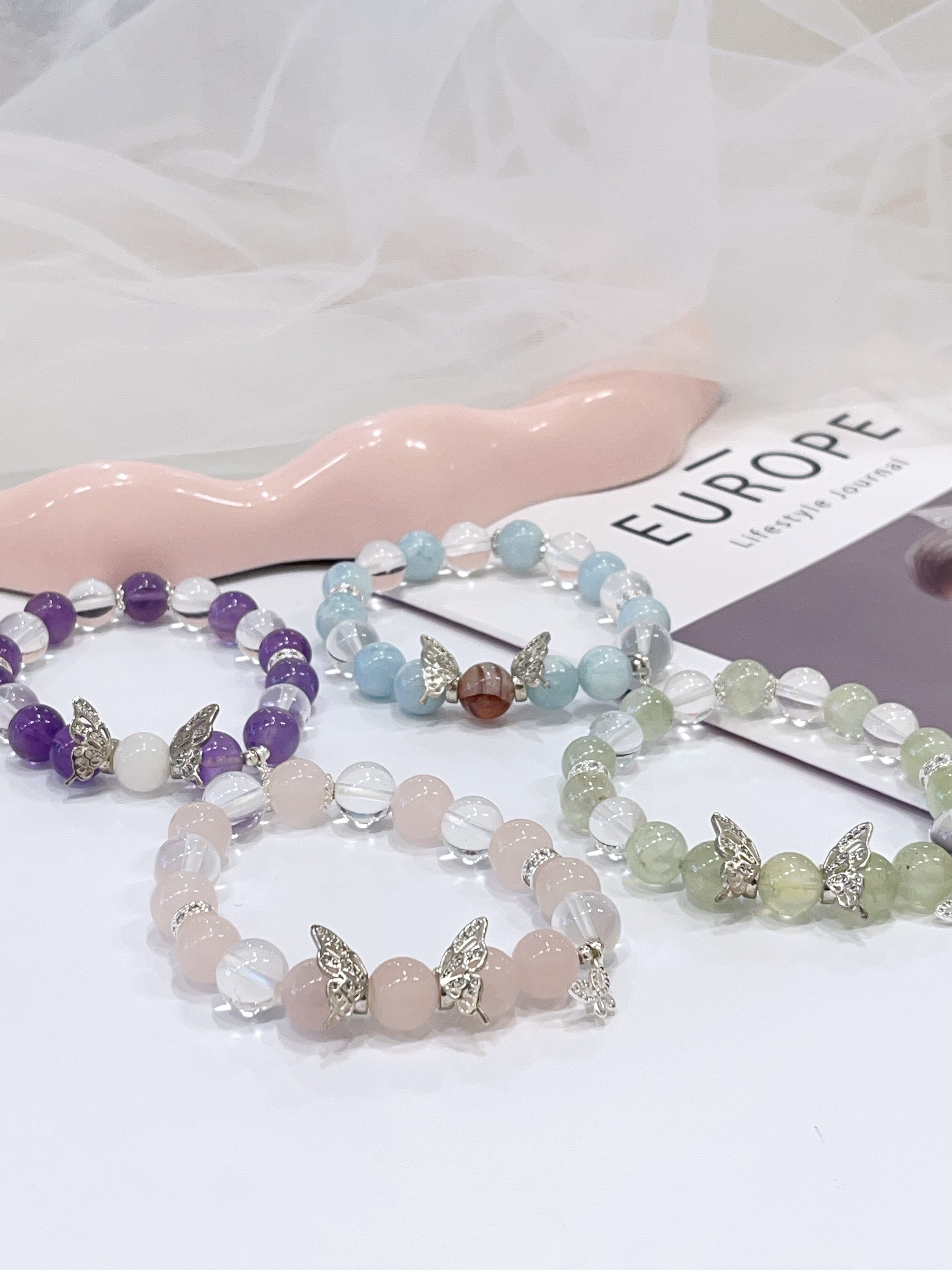 🌈 海蓝宝 × 紫水晶 × 粉水晶 × 葡萄石 × 白水晶手串 Aquamarine, Amethyst, Rose Quartz, Prehnite & Clear Quartz  |  10mm