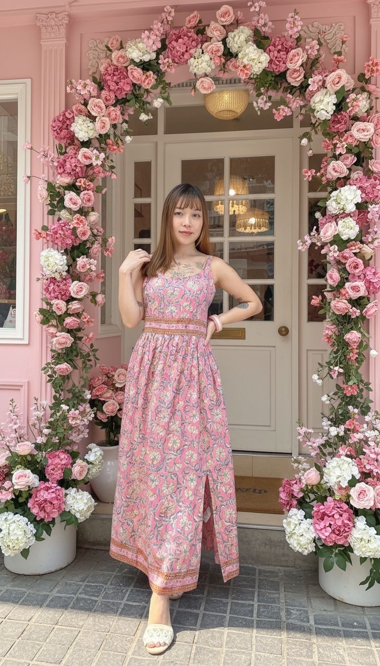 2343 Pink Floral Block Print SL OP 48"
