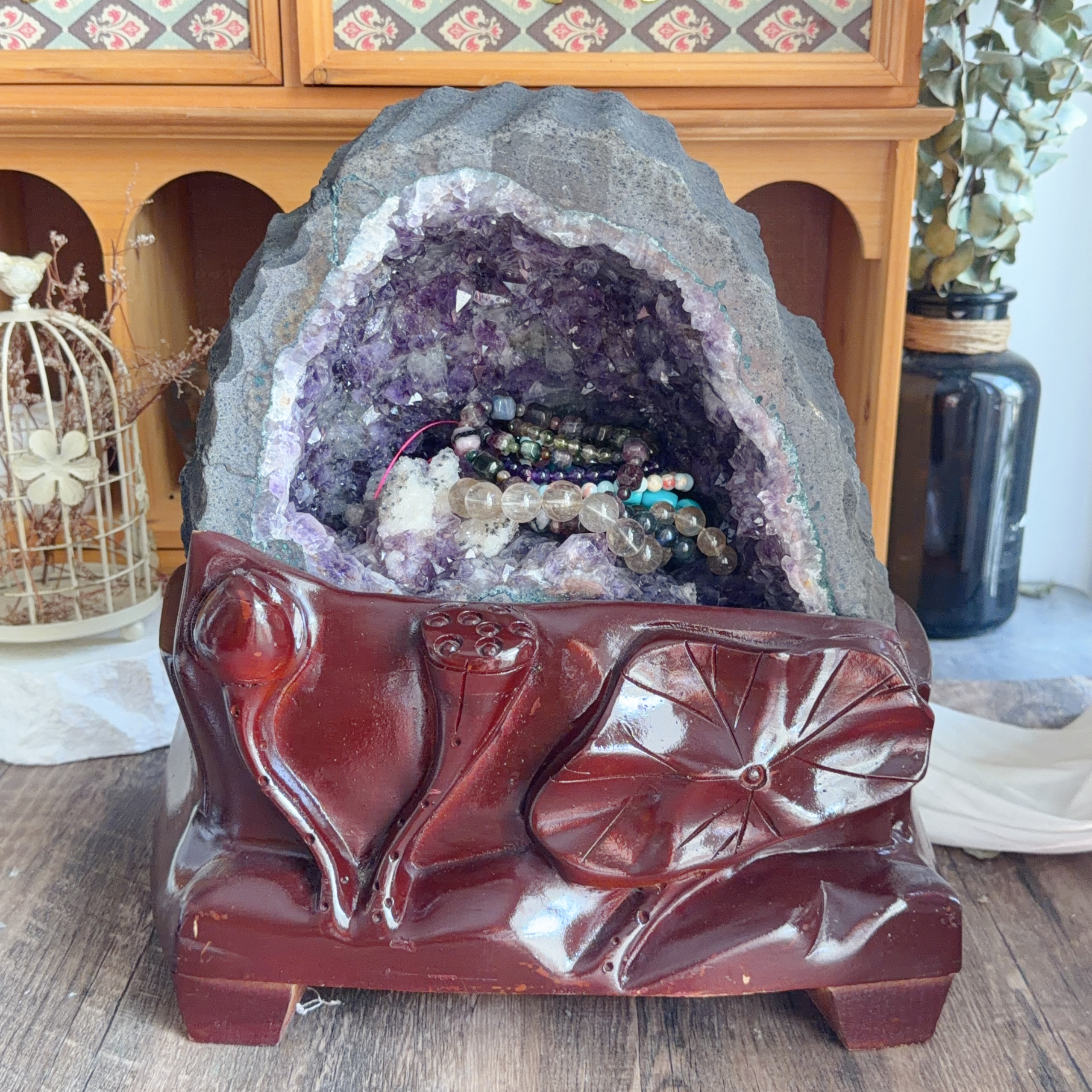 稀有原皮紫晶骨幹水晶洞共生方解石鈦晶