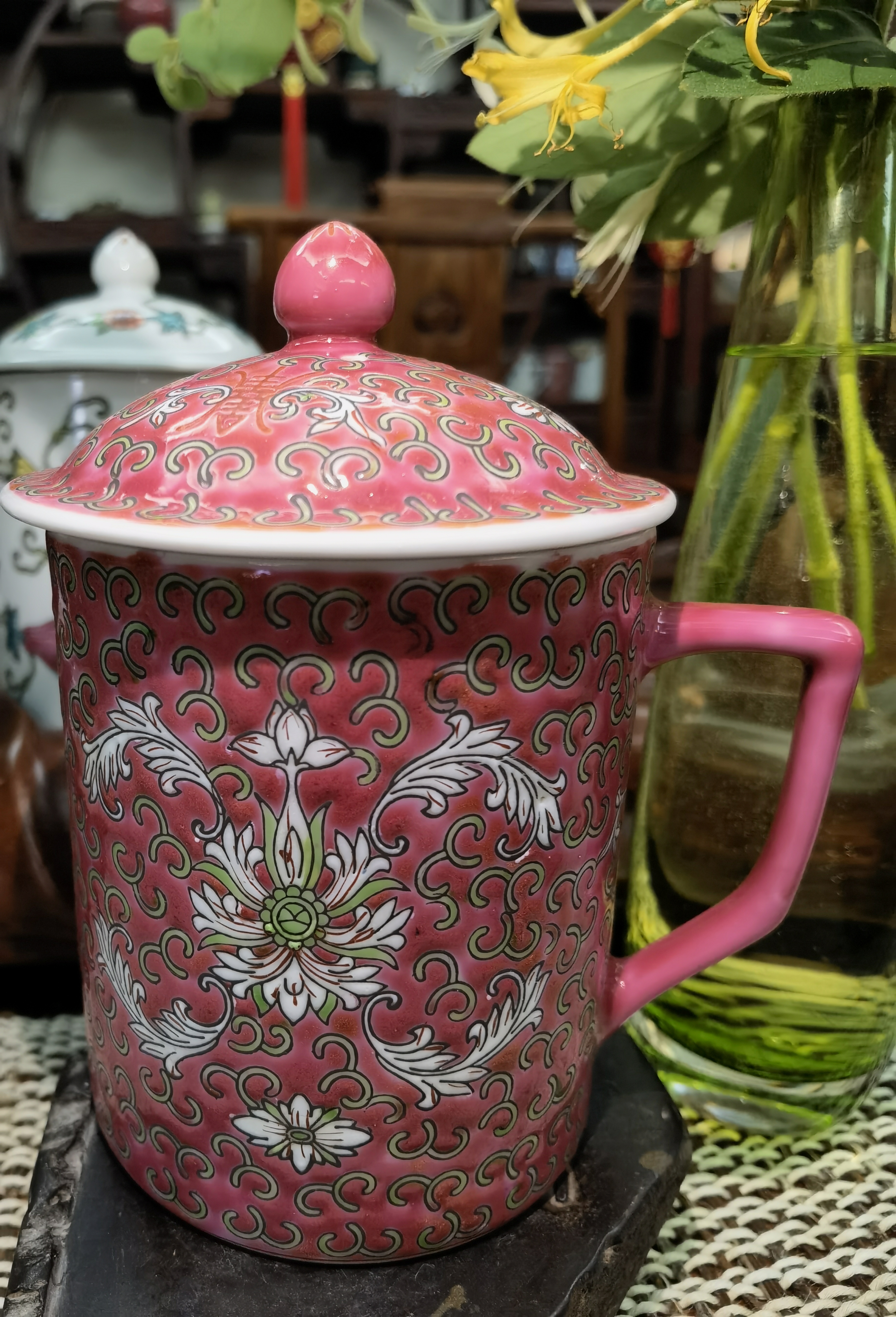 60-70 年代有耳蓋杯~老瓷~中國景德鎮老瓷杯-粉紅色花卉圖案附蓋馬克杯-2