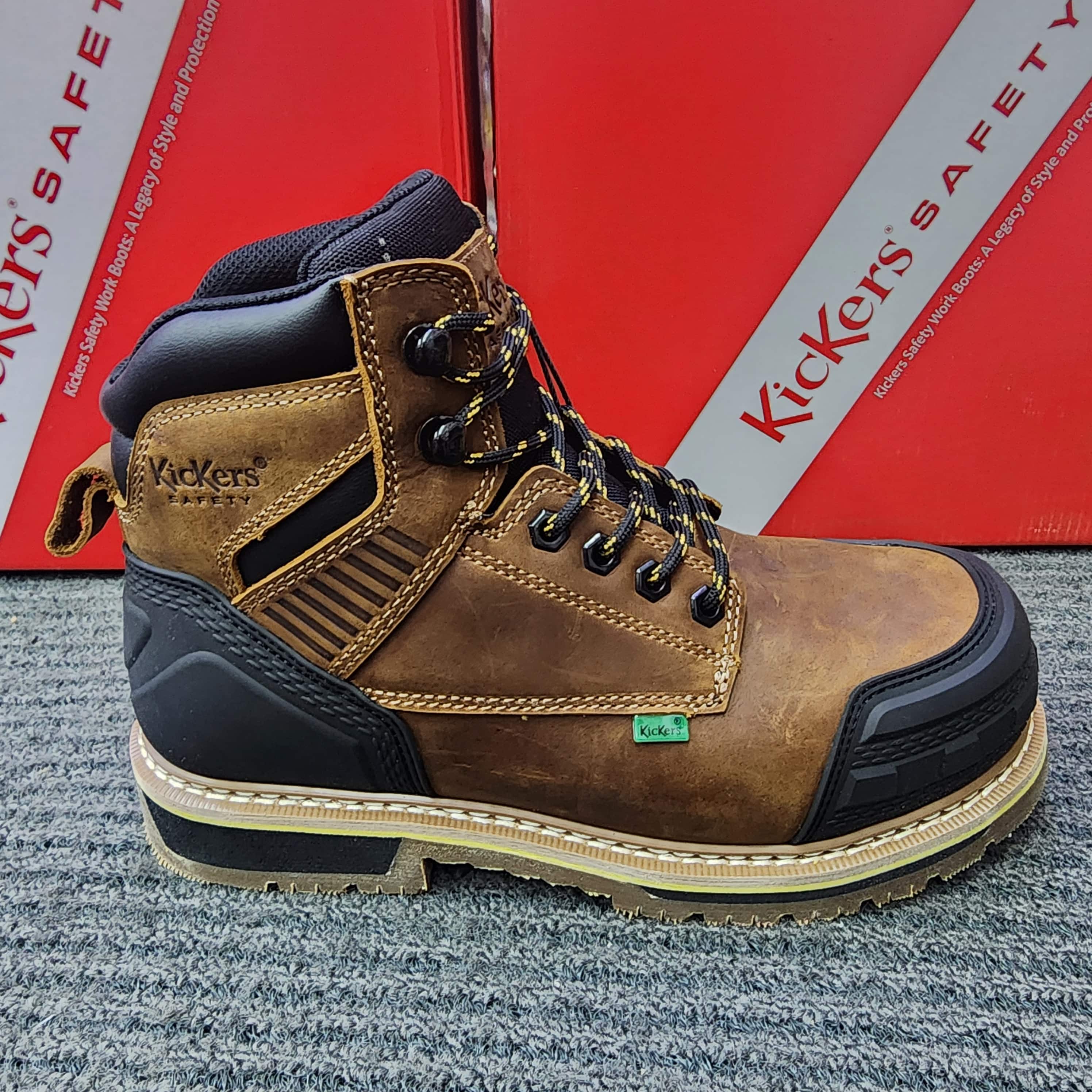 KicKers Safety Shoes 2986 Mid cut Lace Up Camel Dark Brown Leather Goodyear Welt Stiching