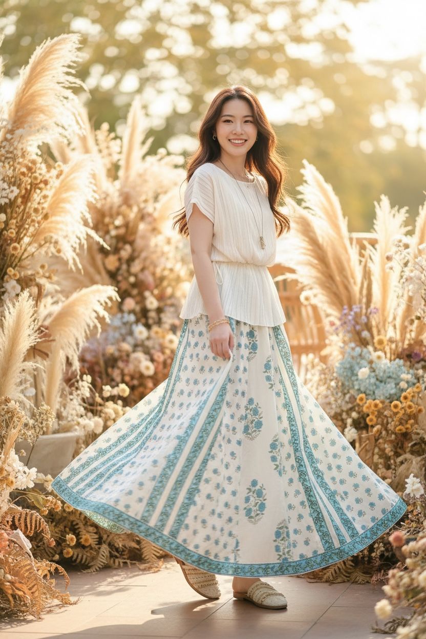 520 White with Green Print Skirt