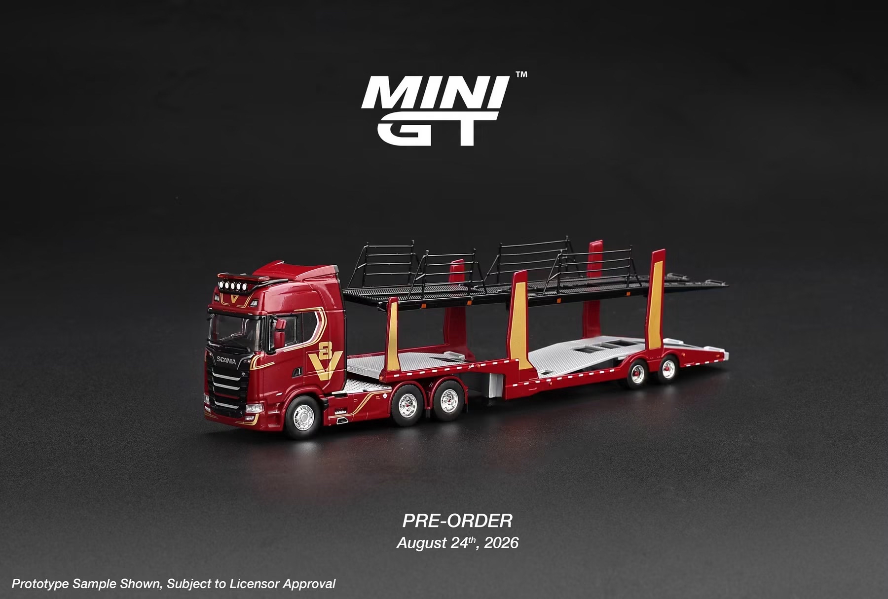 （預訂 Pre Order) MINI GT ( MGT01350-R ) Scania 770S A6x4NA Car Transporter V8 50th anniversary + Car transporter Red