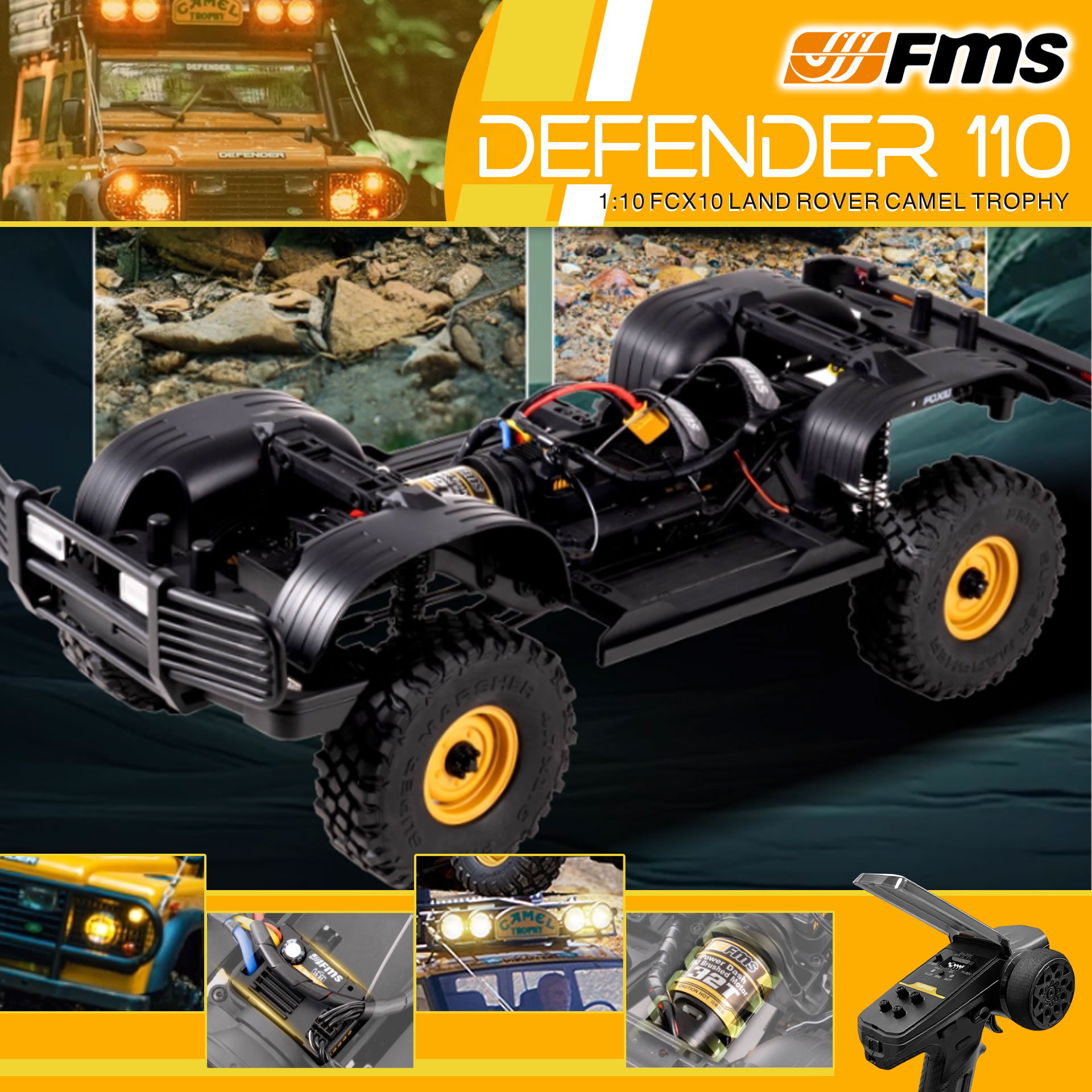 全新 FMS 1:10 Land Rover Camel Trophy Defender 110 攀爬車 | D110 | FCX10 | Land Rover 授權 | 4輪驅動 | 550 32T 有刷電機 | 雙速變速機械波箱