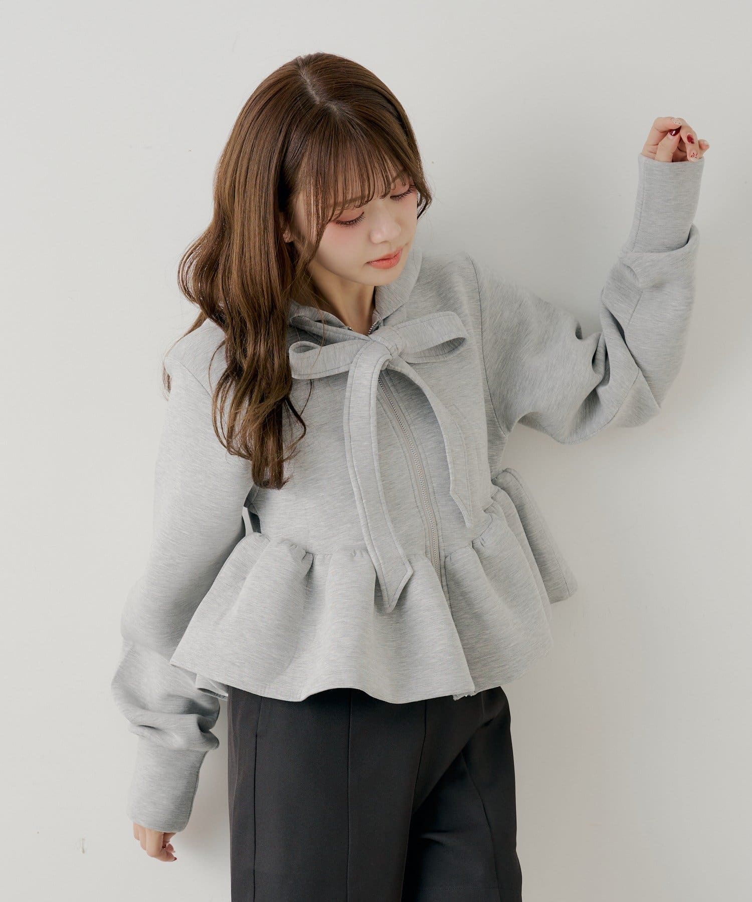 4月連線貨品 - 日本女裝寬緞帶荷葉邊拉鍊衛衣