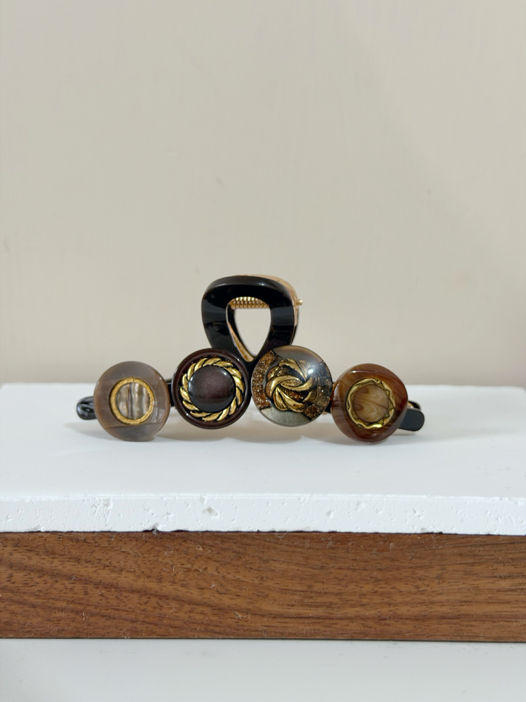 復古鈕扣髮夾/啡色系 8cm長