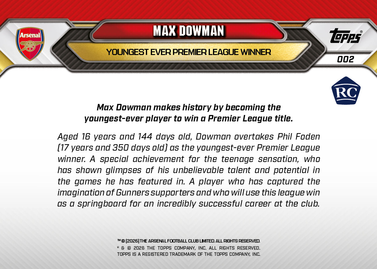 Max Dowman RC - 2025/26 Arsenal FC Topps NOW #2 最年輕英超冠軍卡｜PR 18,914