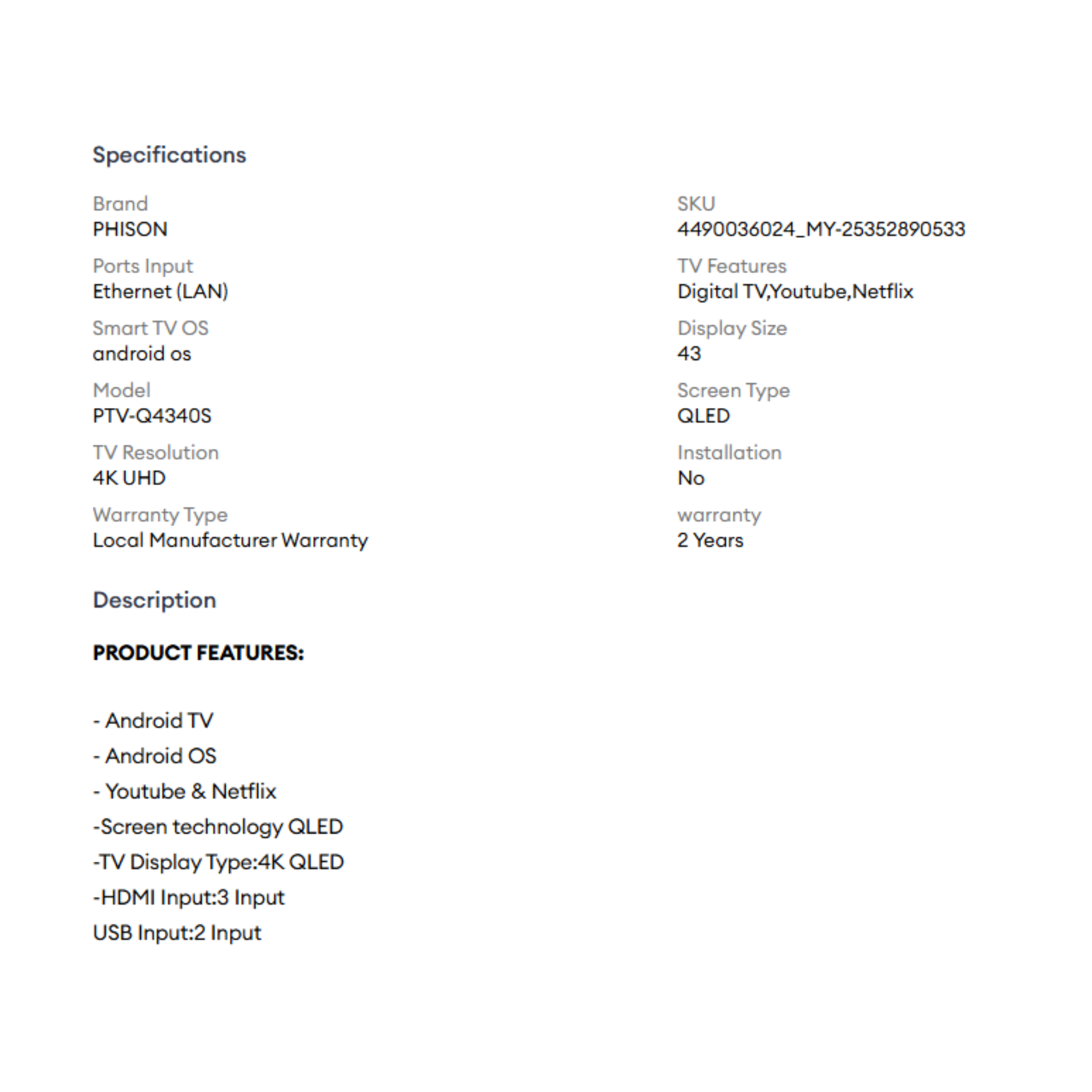 Phison 43" FHD QLED Android TV PTV-Q4340S