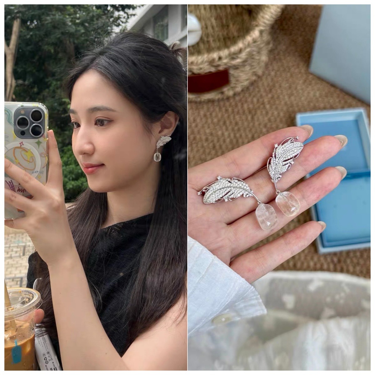 HEFANG 白水晶羽毛耳環