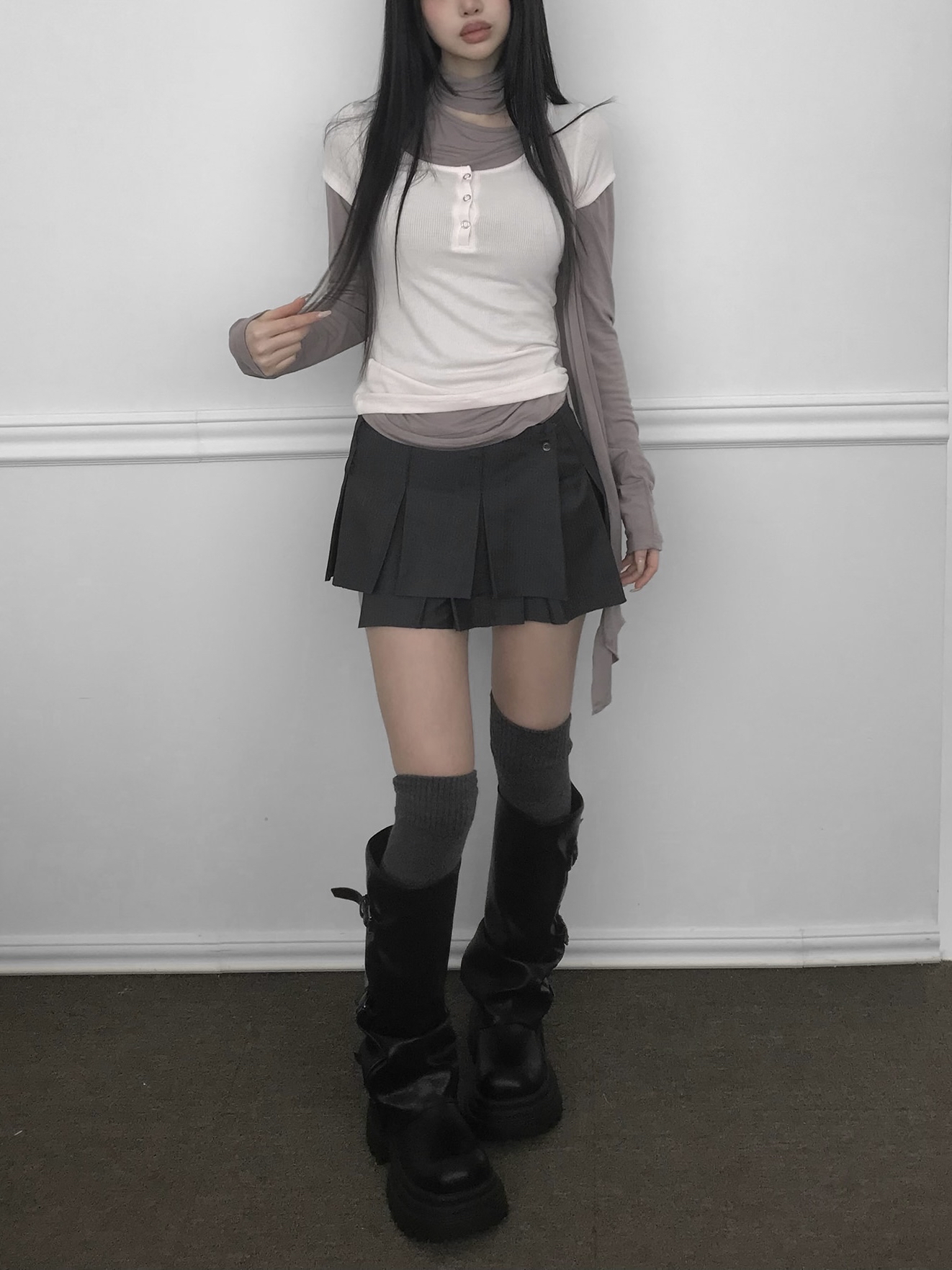 Ruched Button Long Sleeve with Scarf Tie