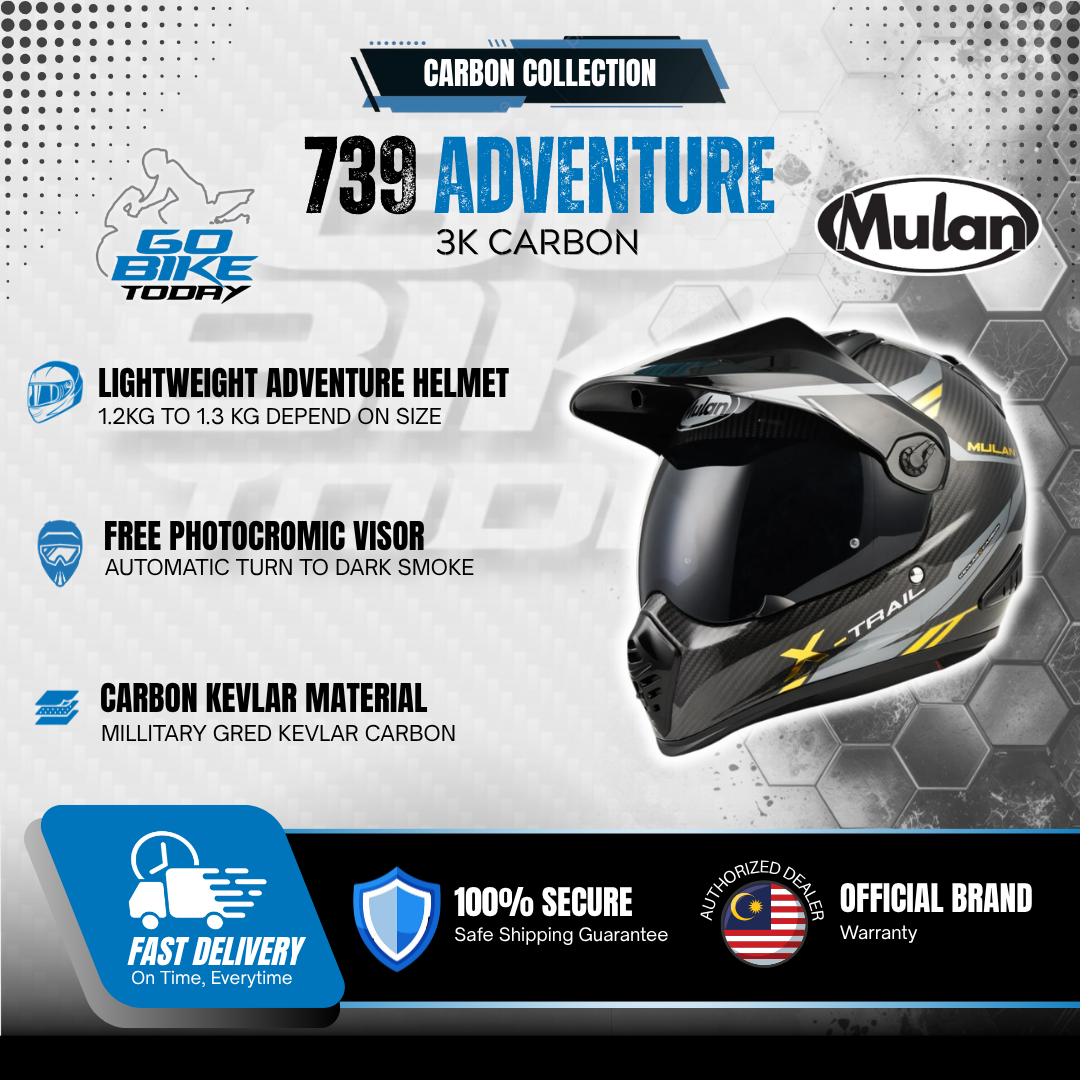 MULAN 739 3K GRAPHIC CARBON FIBRE Adventure Helmet | Bulletproof Kevlar | Photochromic Visor | ECE Approved | Touring Ready