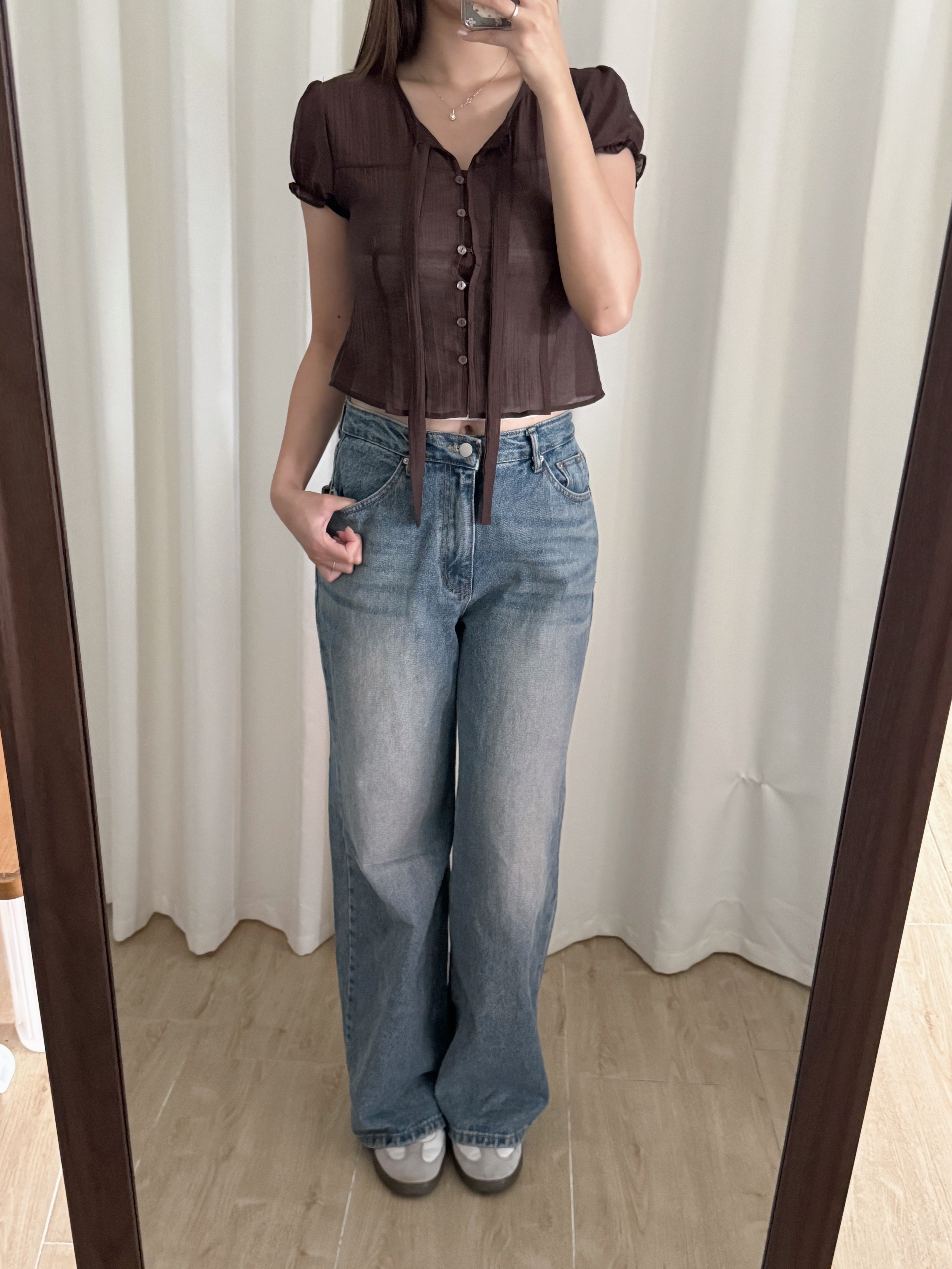 透薄綁帶微公主袖短袖上衣(三色入)