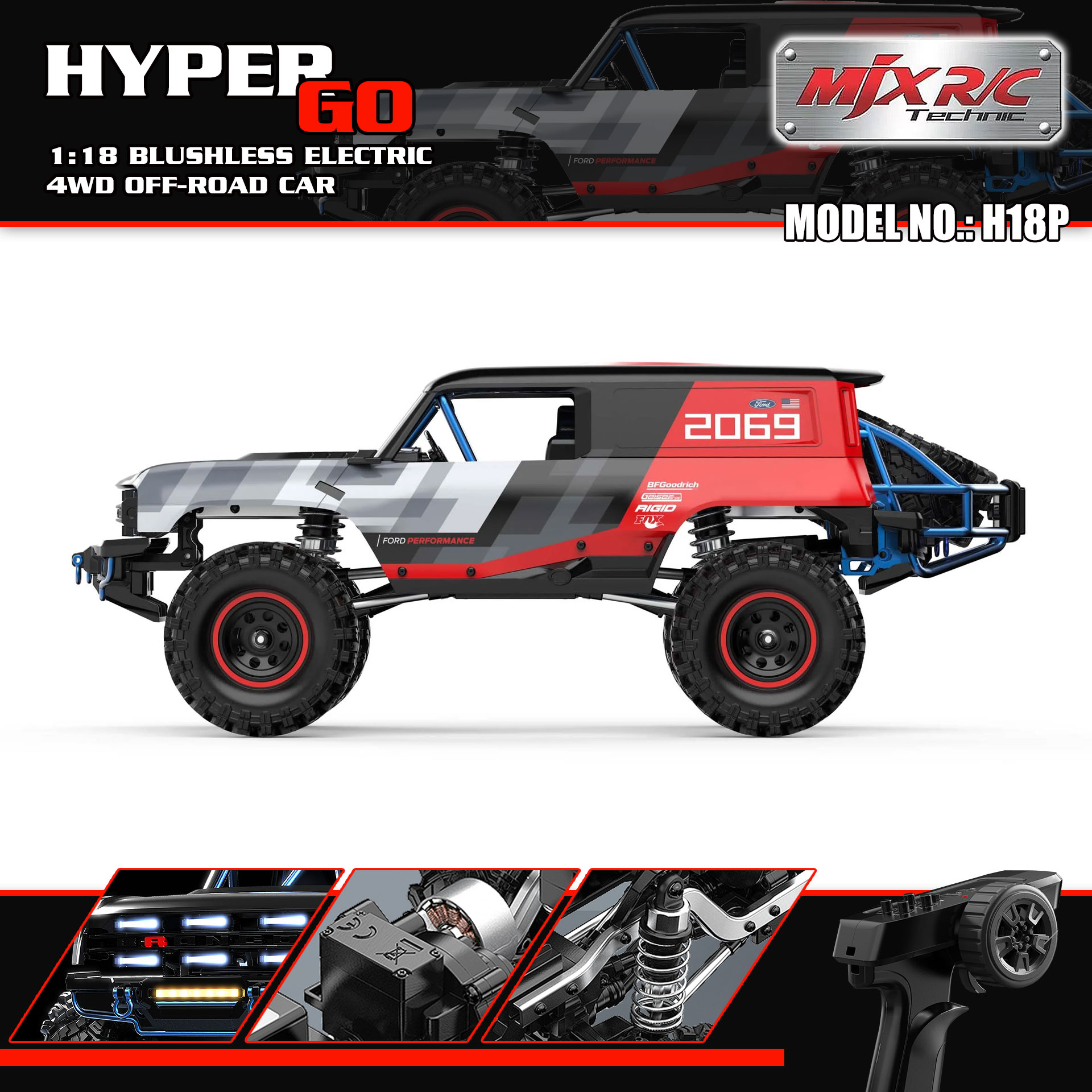 全新 美嘉欣 MJX R/C 1:18 H18P BAJA1000 Ford Bronco R 無刷攀爬車 | 福特授權車殼 | 無刷攀爬車 | 1606 4200KV 無刷馬達 |  DIG 坦克掉頭 | 精美硬殼
