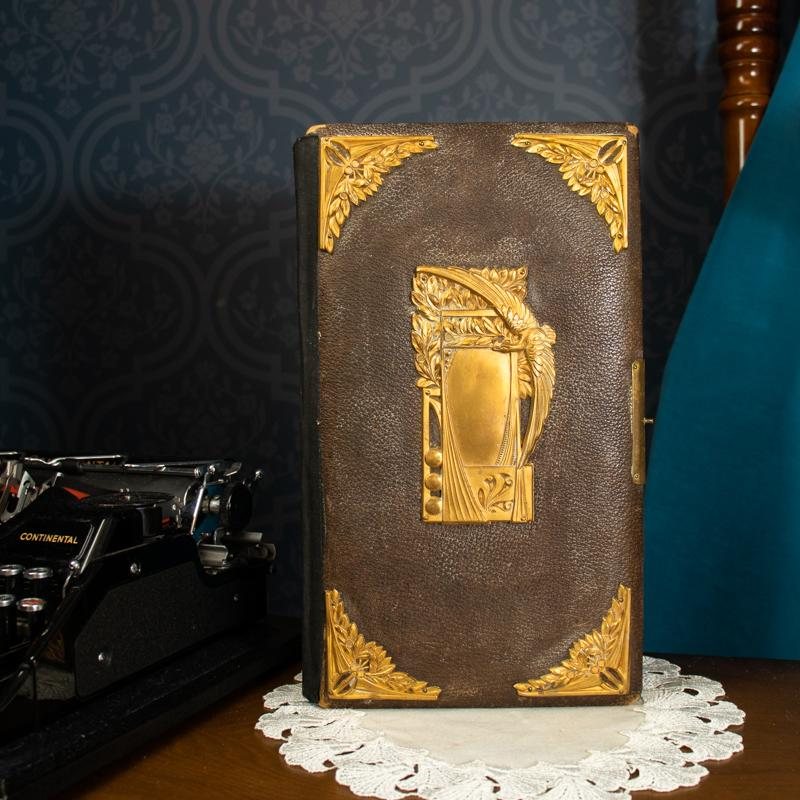 Rare Antique Signed 1904 Brown Leather Cover with Bird Embellishment Photo Album Book (MX014)
