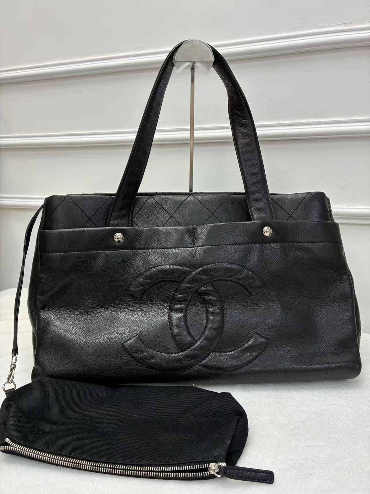 Chanel香奈兒橫版機場包 子母袋Tote購物袋 黑銀 荔枝牛皮 手提包 經典款大容量托特包 絕版收藏 