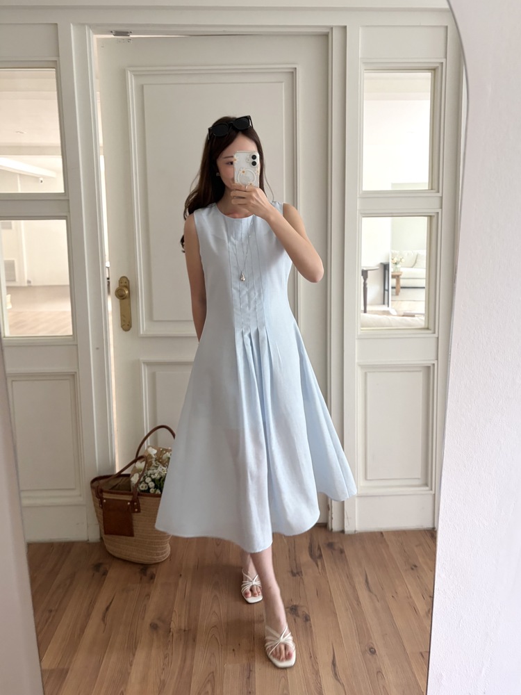 Linen Pintuck Dress (Blue)