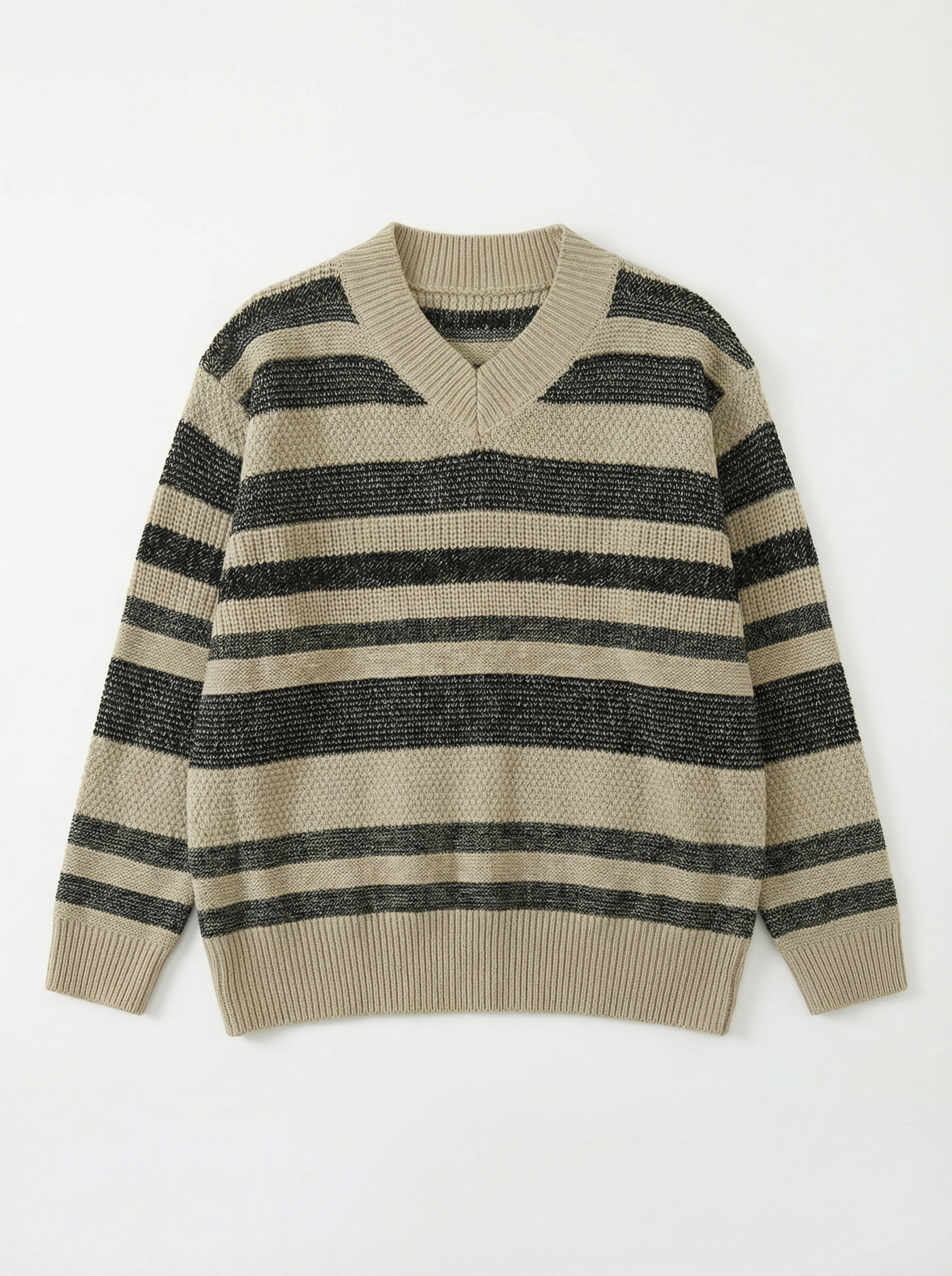 米黑粗條紋 V 領長針織毛衣