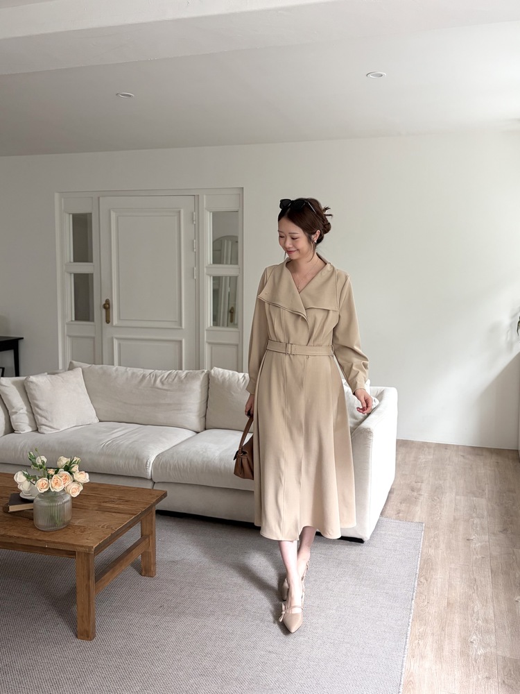 Classic Flared Trench Dress (Warm Beige)