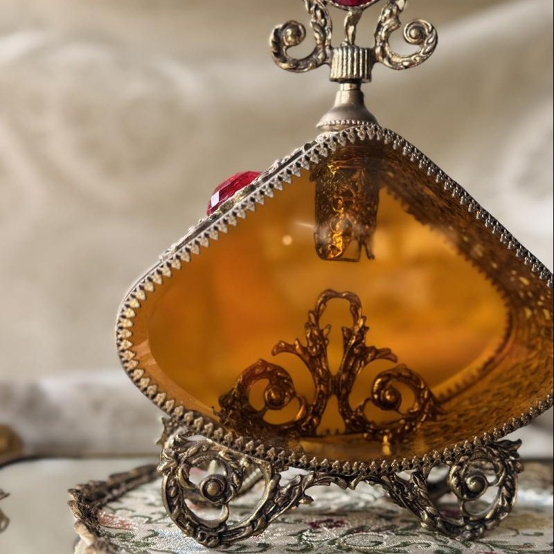 Rare! Early to Mid-Century Romantic Revival Ormolu & Amber Glass Large Perfume Bottle (MT2494)