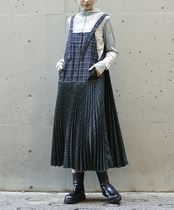 雙格紋交織百褶連身裙 - 2026 流行穿搭  女士連身裙 春秋冬時尚穿搭 成人休閒 日常穿搭 易於配搭 日本直送   #JP-I-260001