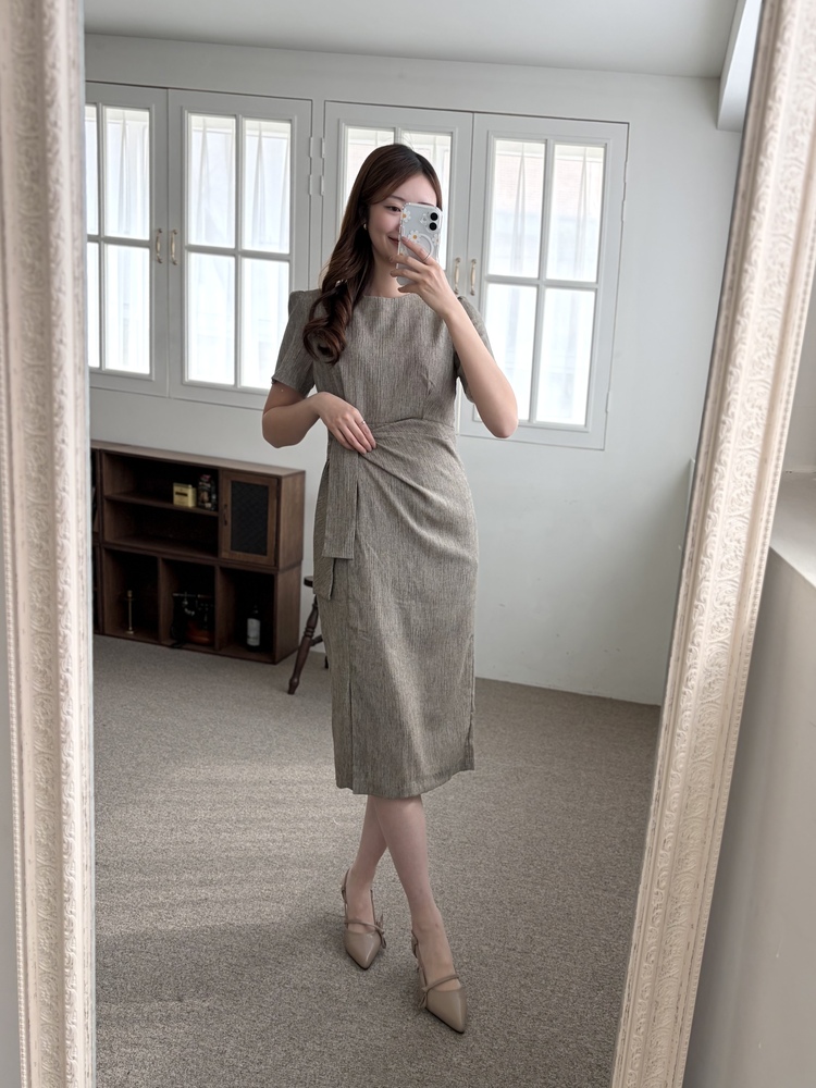 Elise Draped Slit Dress (Khaki)