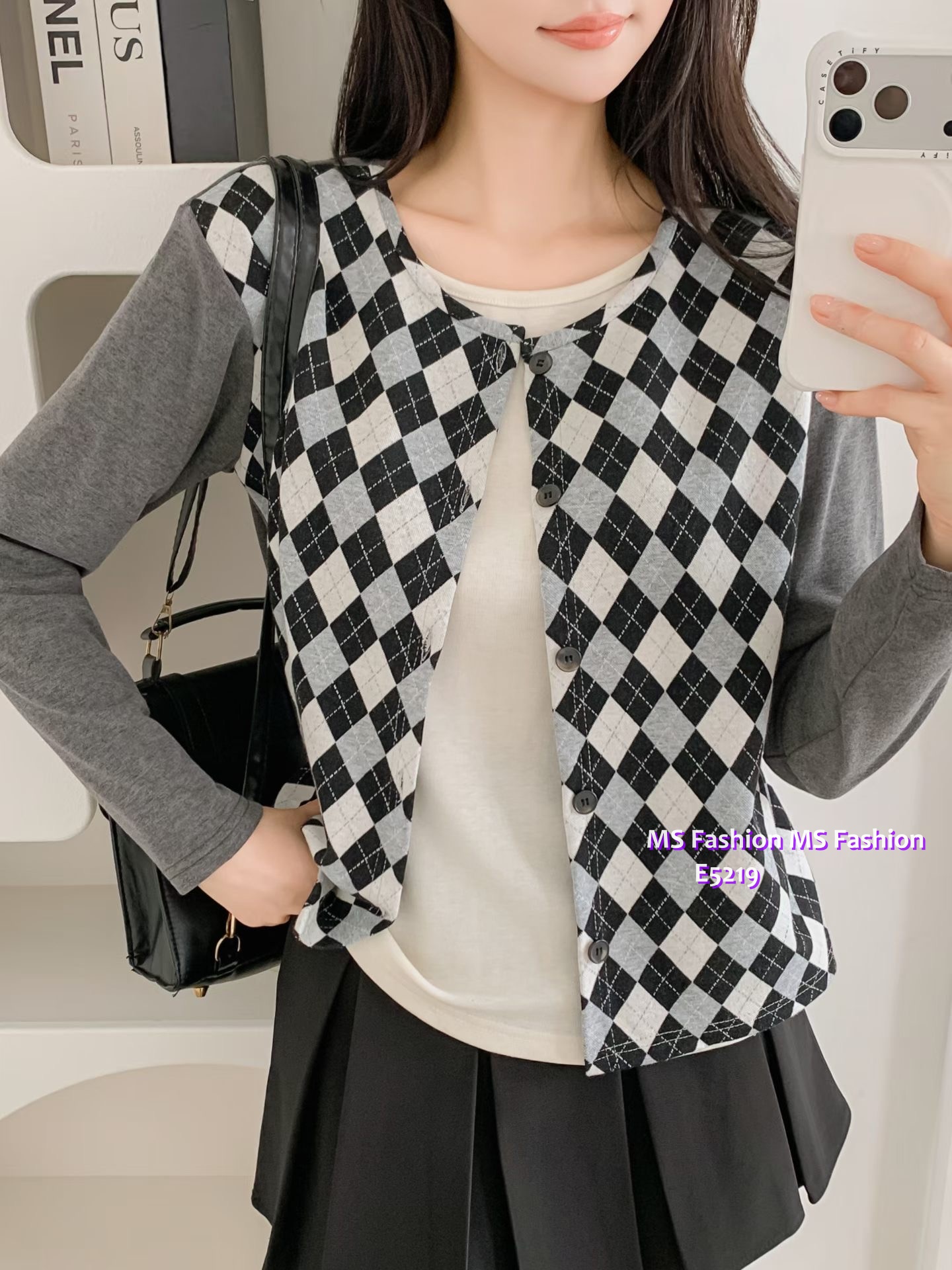 E5219 格紋pattern假兩件top