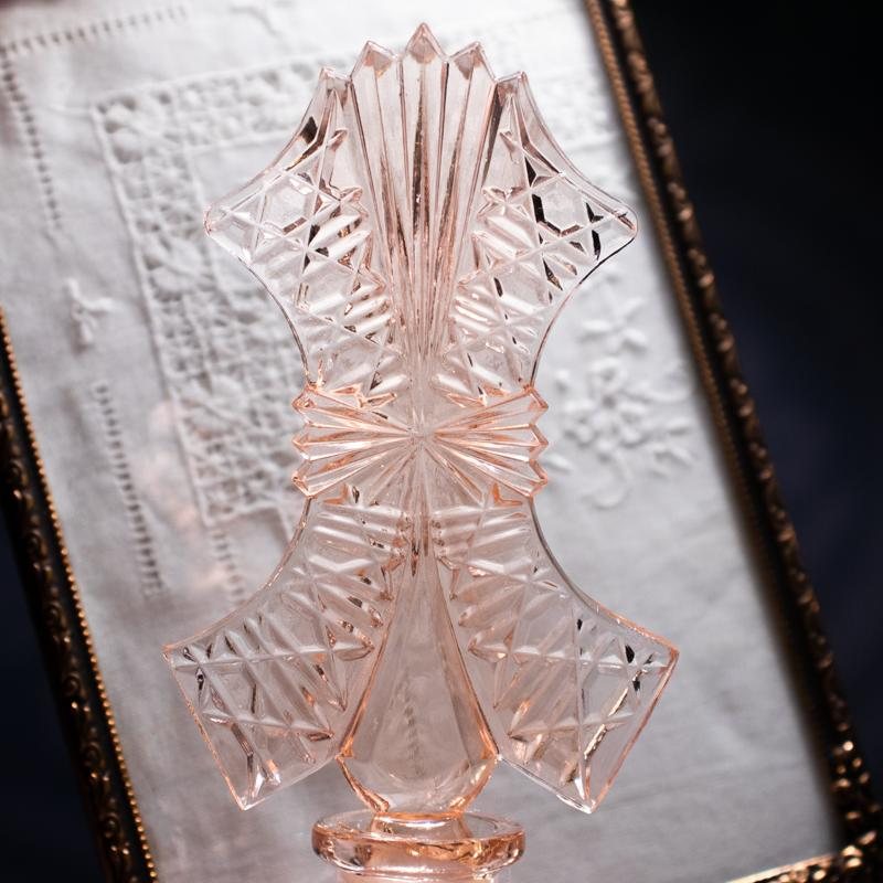 1960s Czechoslovakia Art Deco Inspired-Pattern Pressed Glass Vanity Perfume Bottle - Peach Pink(MW013)