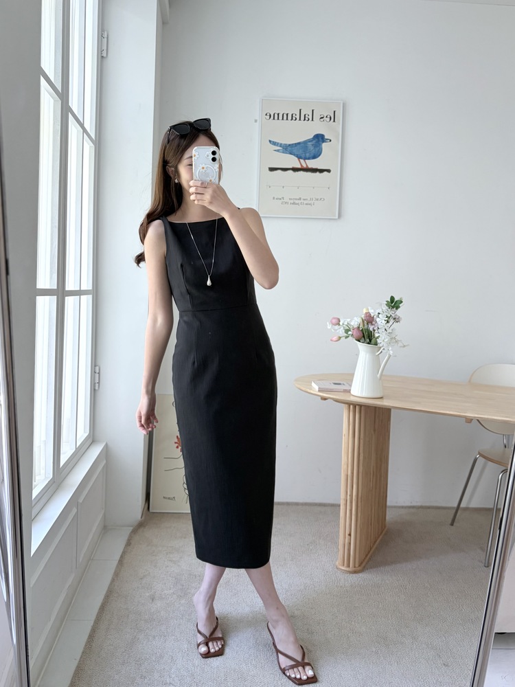 Linen Blend Twisted Strap Dress (Black)