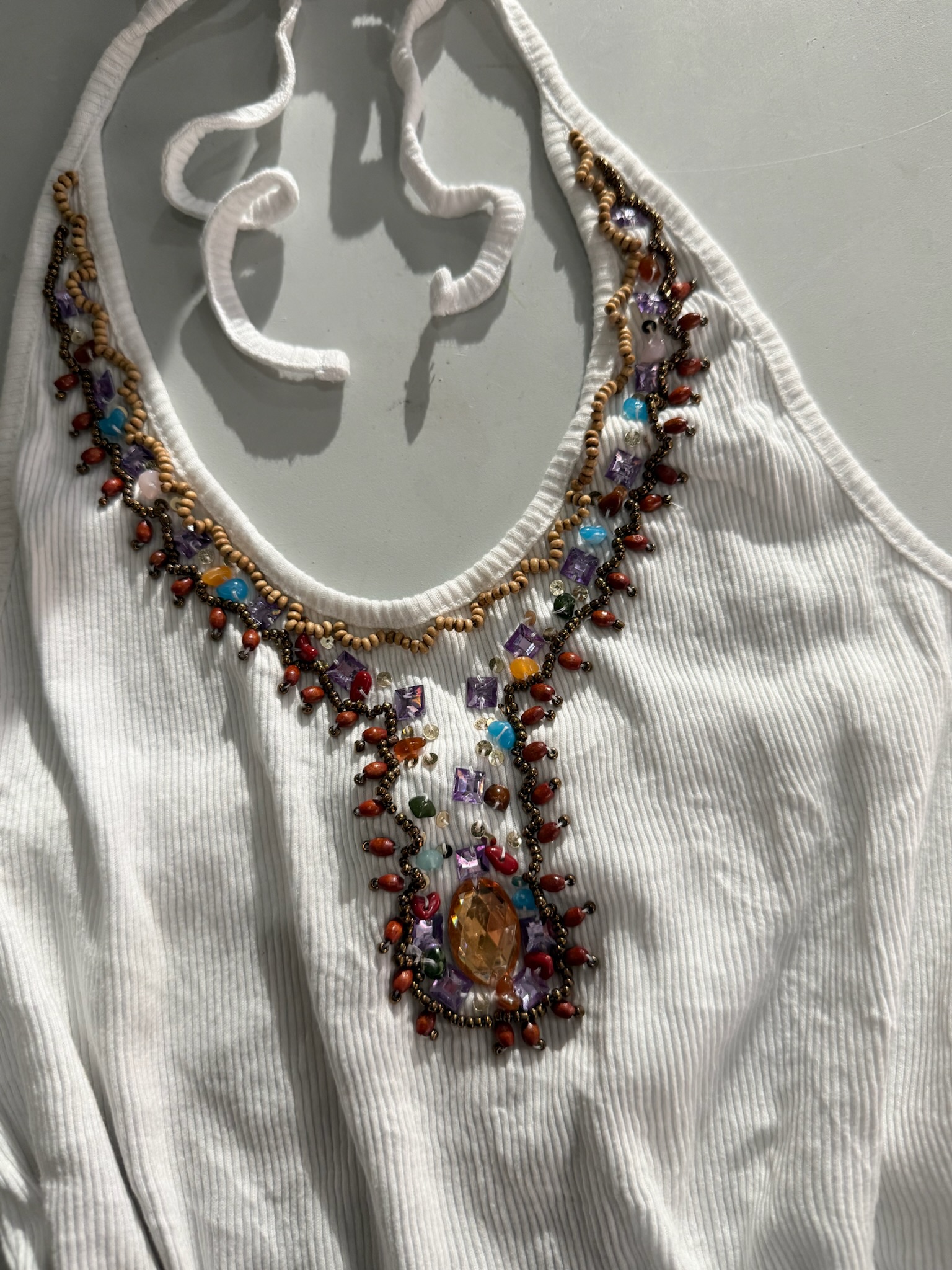 Bohemian Beaded Ribbed Halter Top