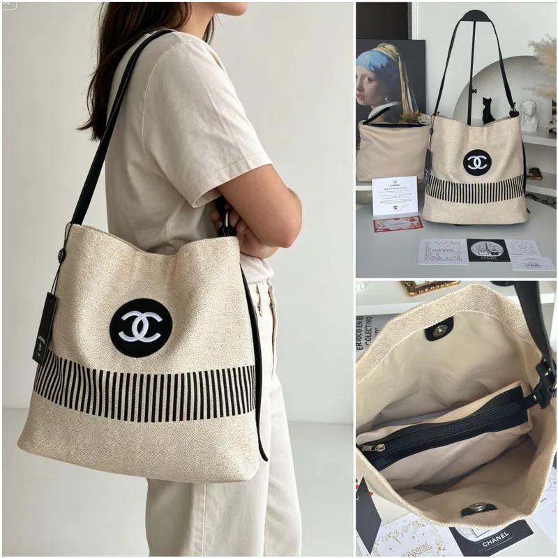 Chanel VIP亞麻條紋Hobo水桶二件套