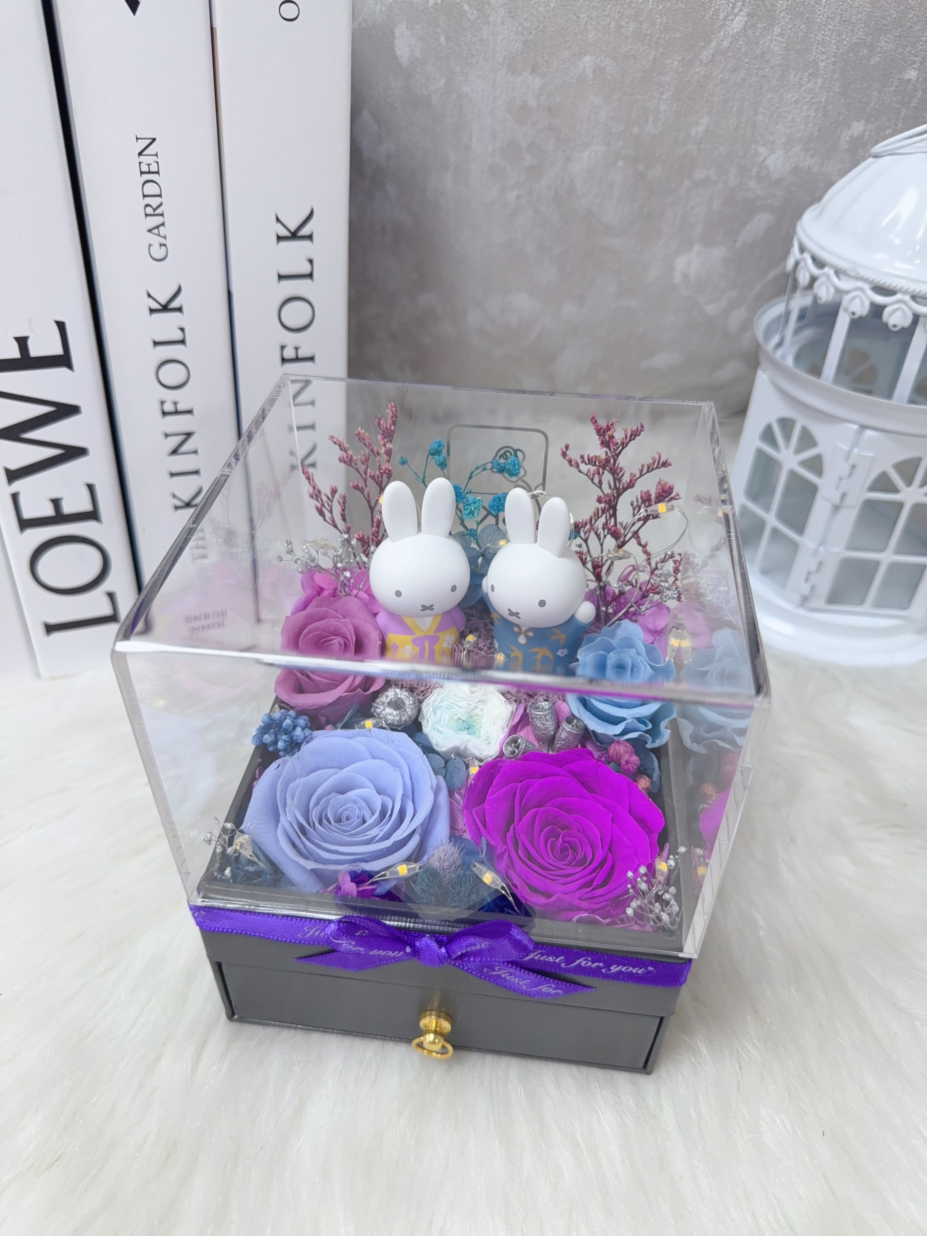 Miffy兔永生花藍紫玫瑰飾物盒