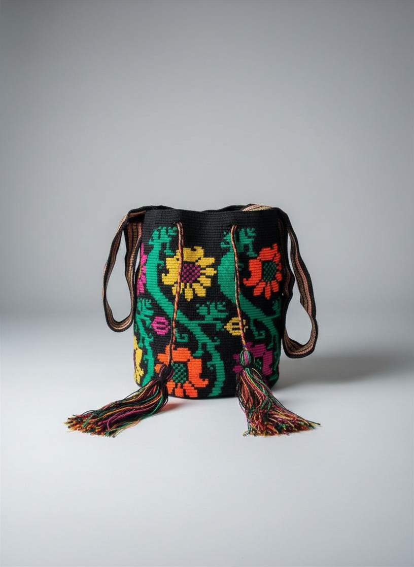 【背得起嘅藝術品】哥倫比亞正宗 Wayuu Mochila 手工民族編織袋  [預計 : 6月中至尾發貨] (PO-WY-BLKGRN-F01)