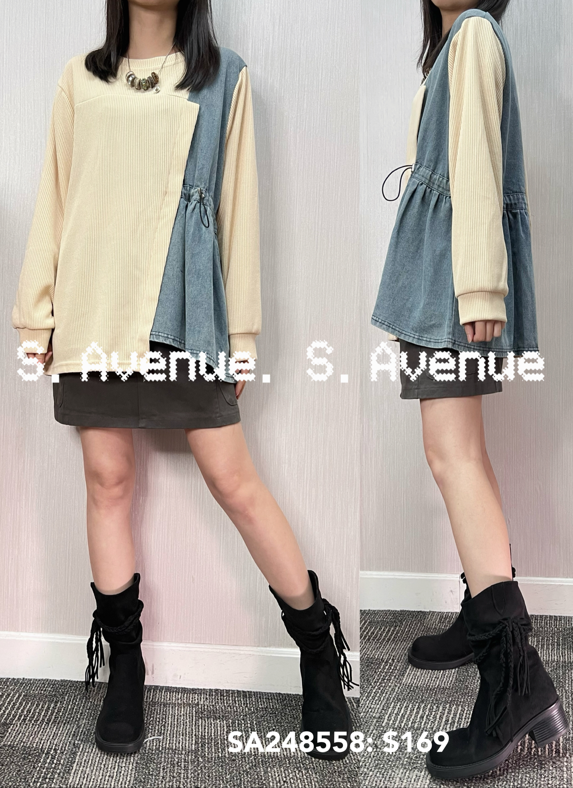 SA248558: 長袖暗紋料側拼牛仔束腰top