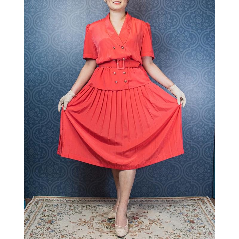 Vintage C.a. 1980s Hana Sung Made in Korea Faux Twin Set Dress with Original belt - US size 14 (MU104-28)