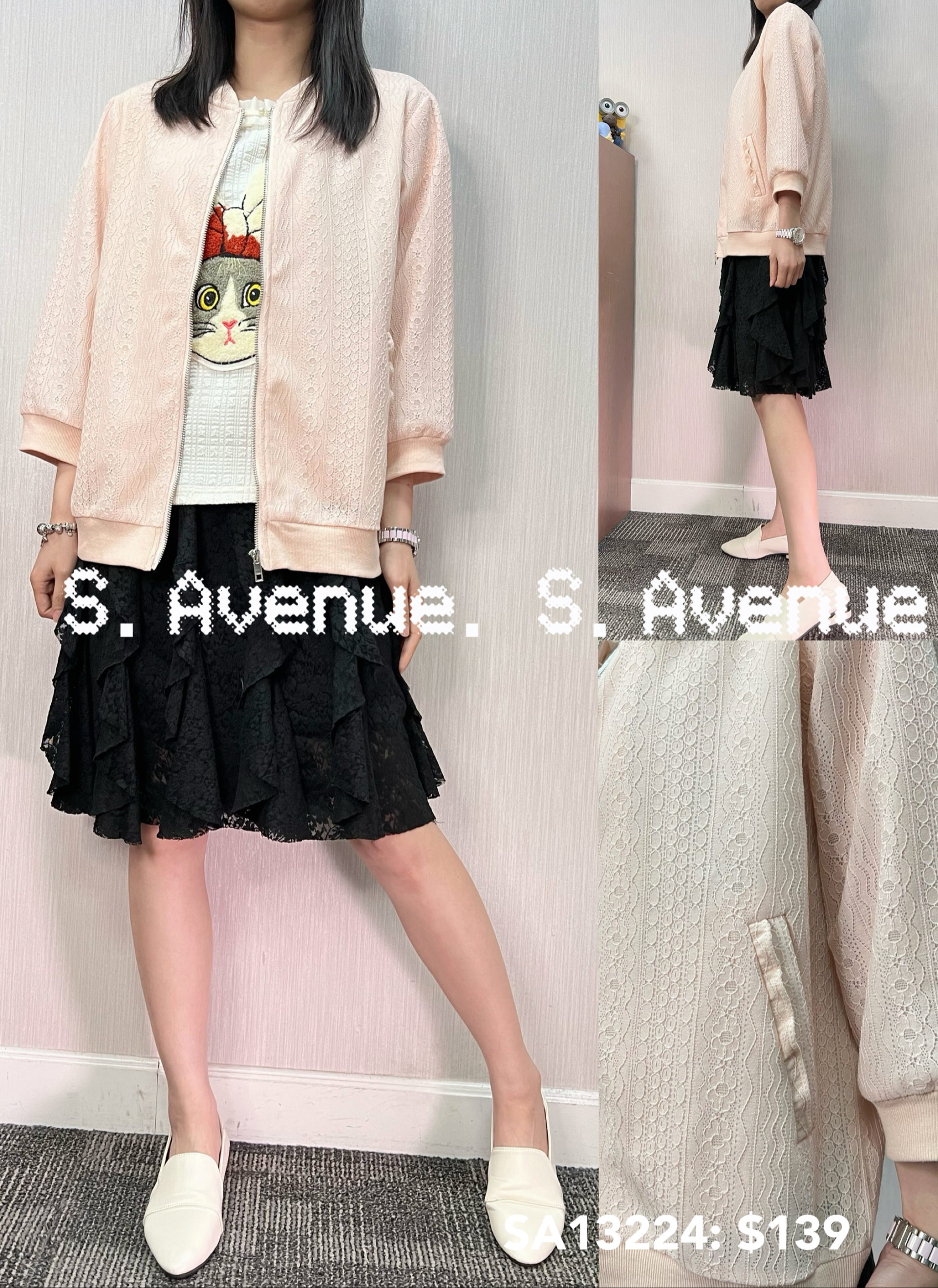 SA13224: 中袖lace拉錬外套