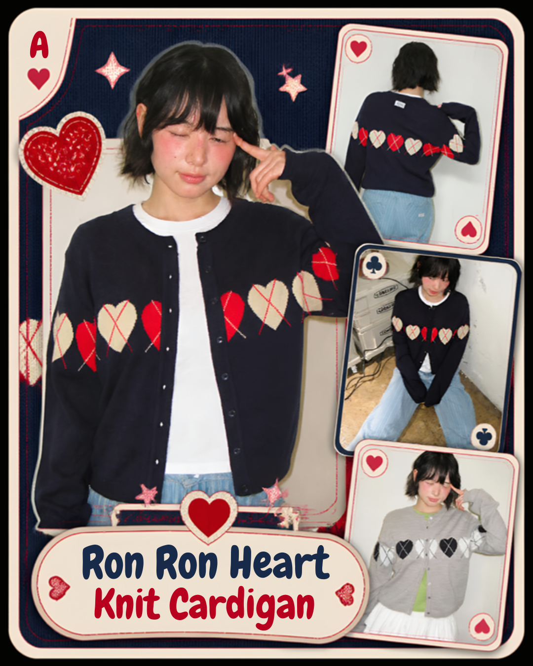 Ron Ron Heart Argyle Line Knit Cardigan