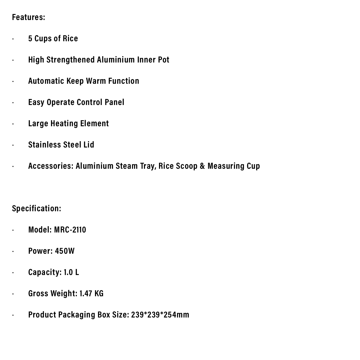 Milux 1.0L Conventional Rice Cooker (MRC-2110)