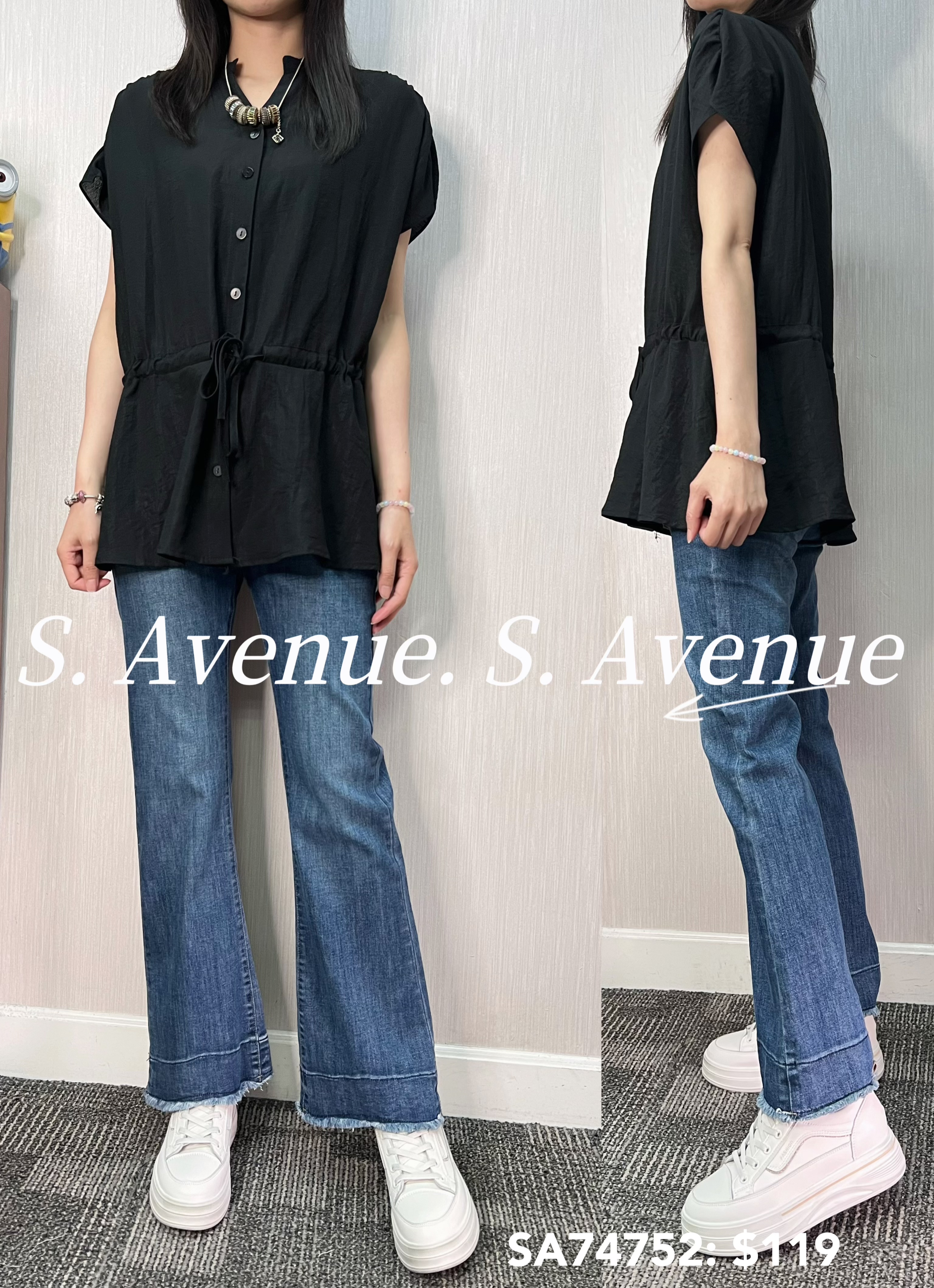 SA74752: 雞翼袖有鈕V領束腰shirt