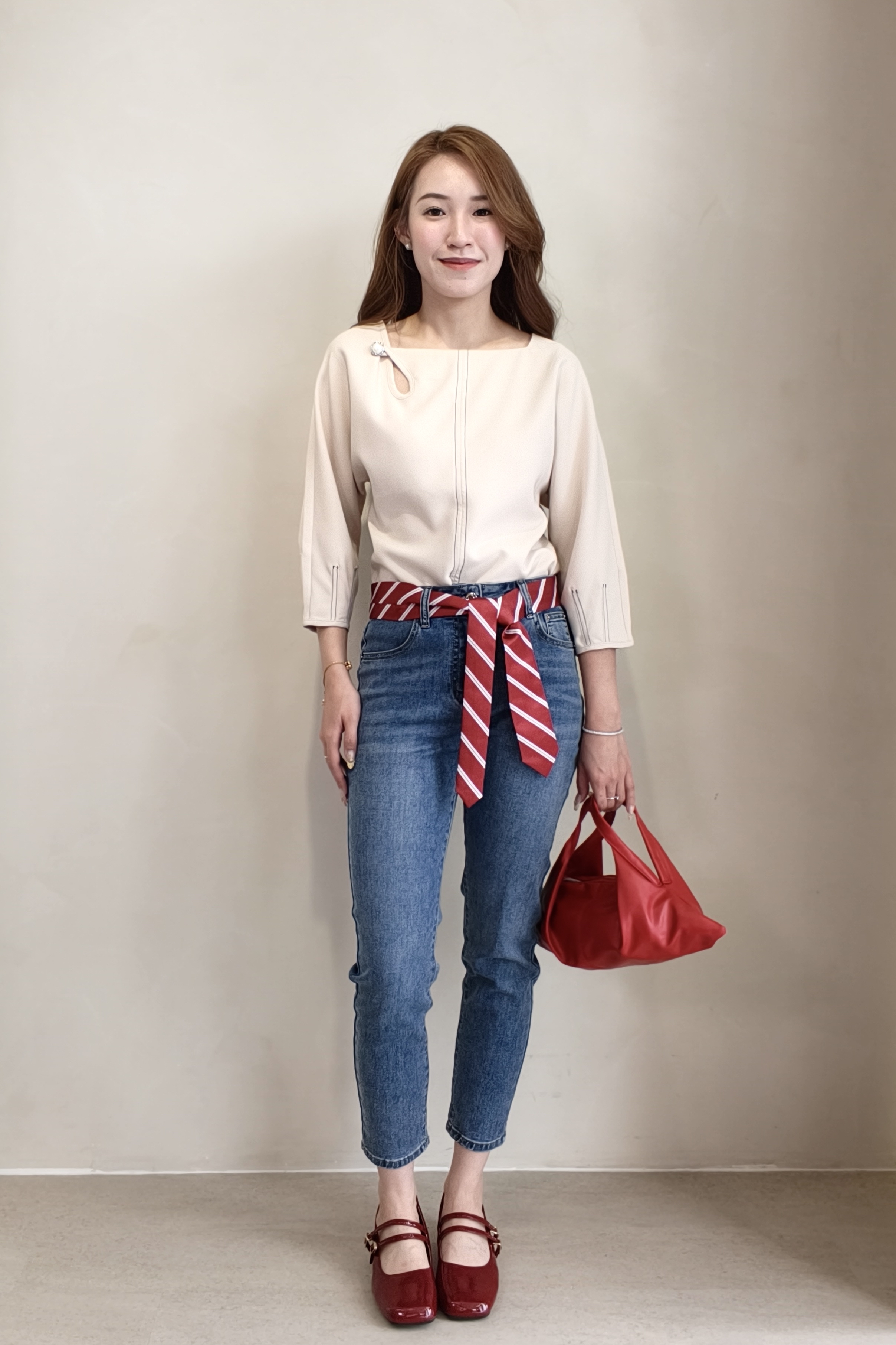 628 Striped Tie-Belt Slim Jeans