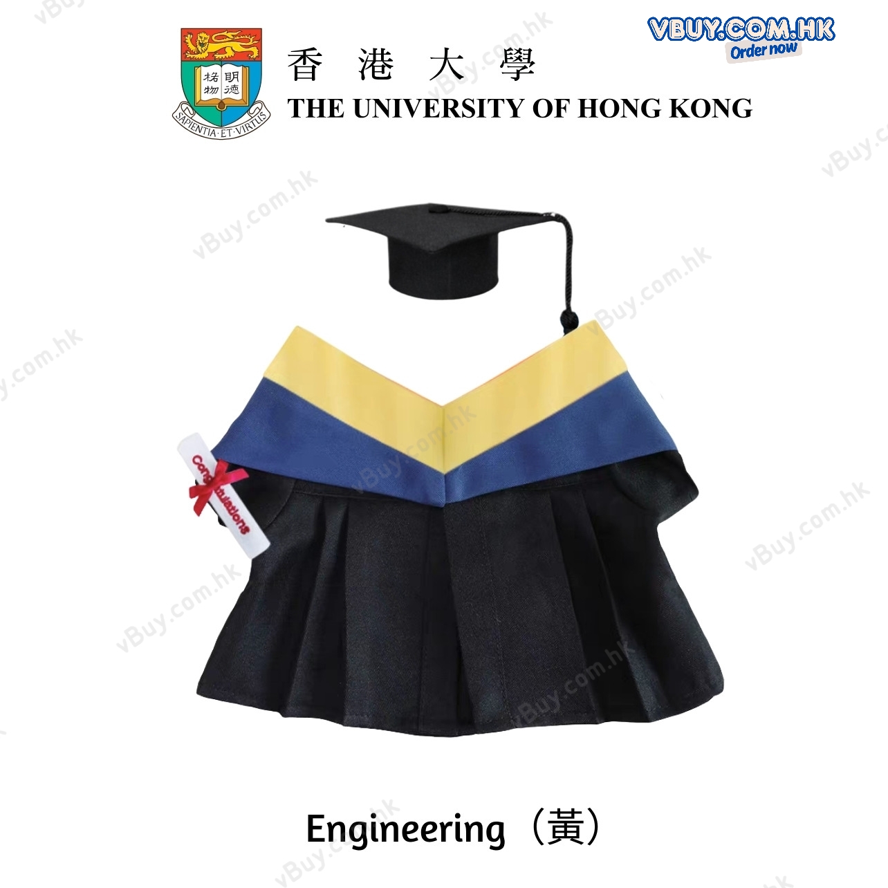 香港大學 HKU 工程學院 Engineering 畢業公仔袍 - 可綉名/校名/年份/校章 (黃色邊藍色布領) 公仔畢業袍