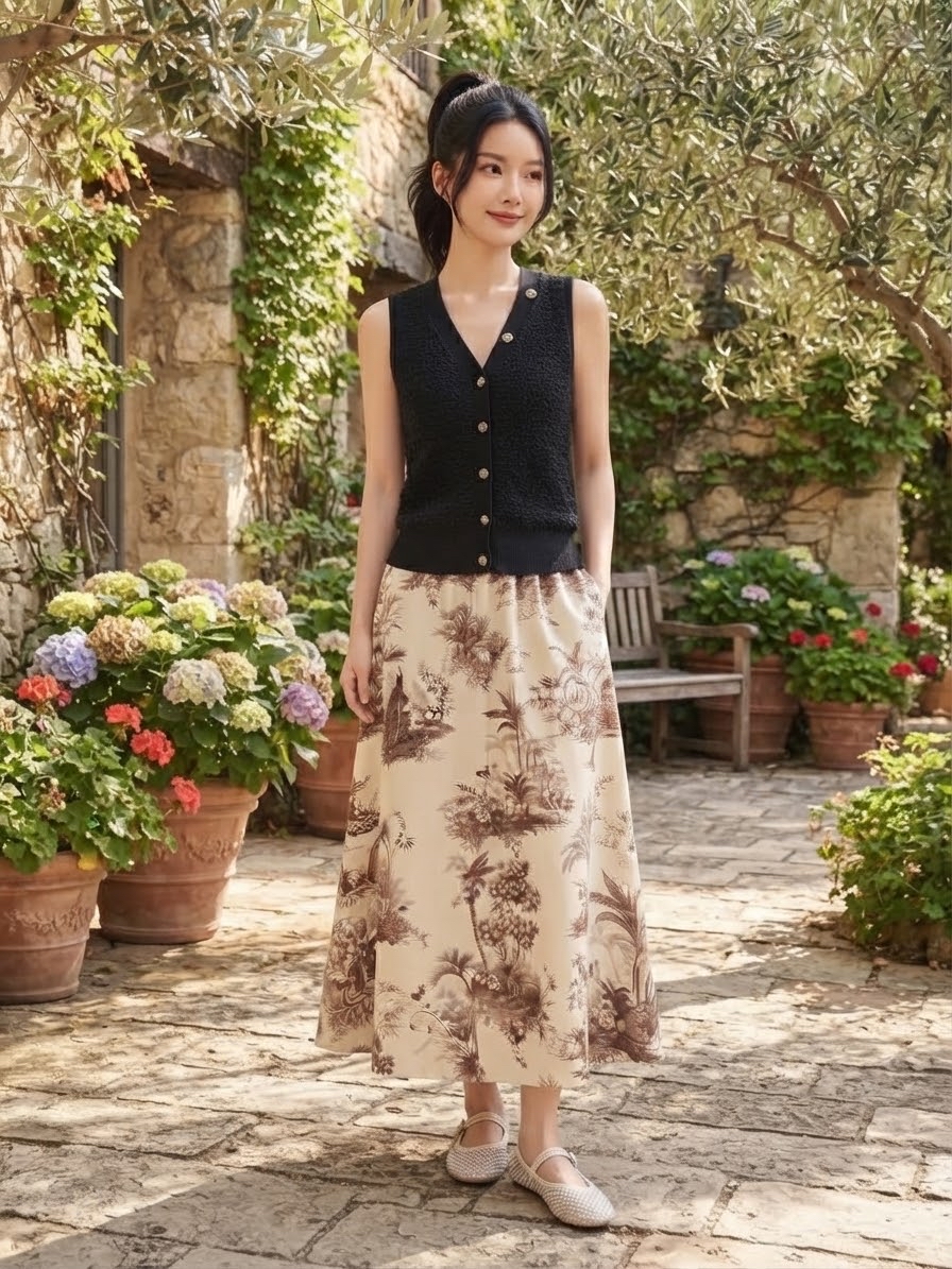 Linen Flora Midi Skirt