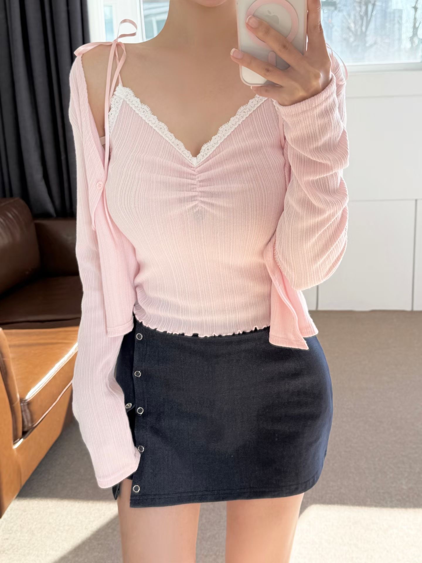 【 🫧 ♪ 今期推薦！冰藍色🧊～極致芭蕾舞院風🩵皺褶心形領絲帶背心 + 超修身直紋兩穿外套˚ʚɞ 】 Blue Valentine Cardigan Top Set(四色入)