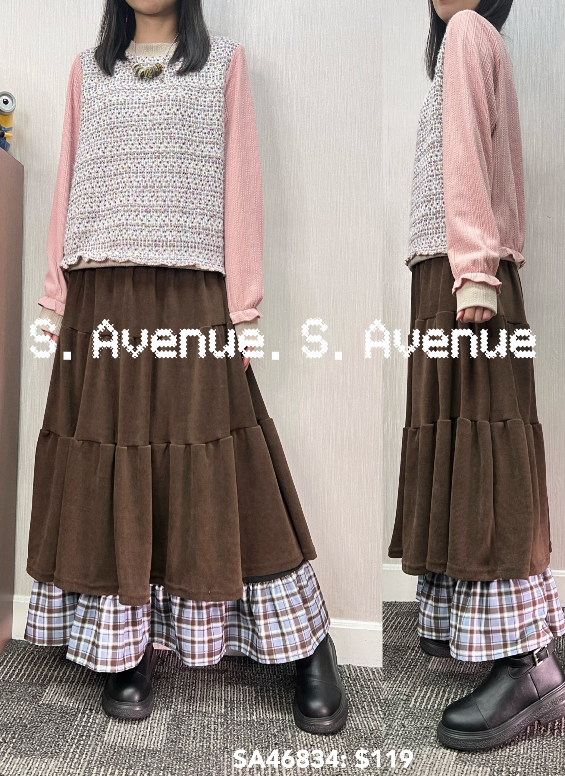 SA46834: 長袖撞色邊中間拼織布料top