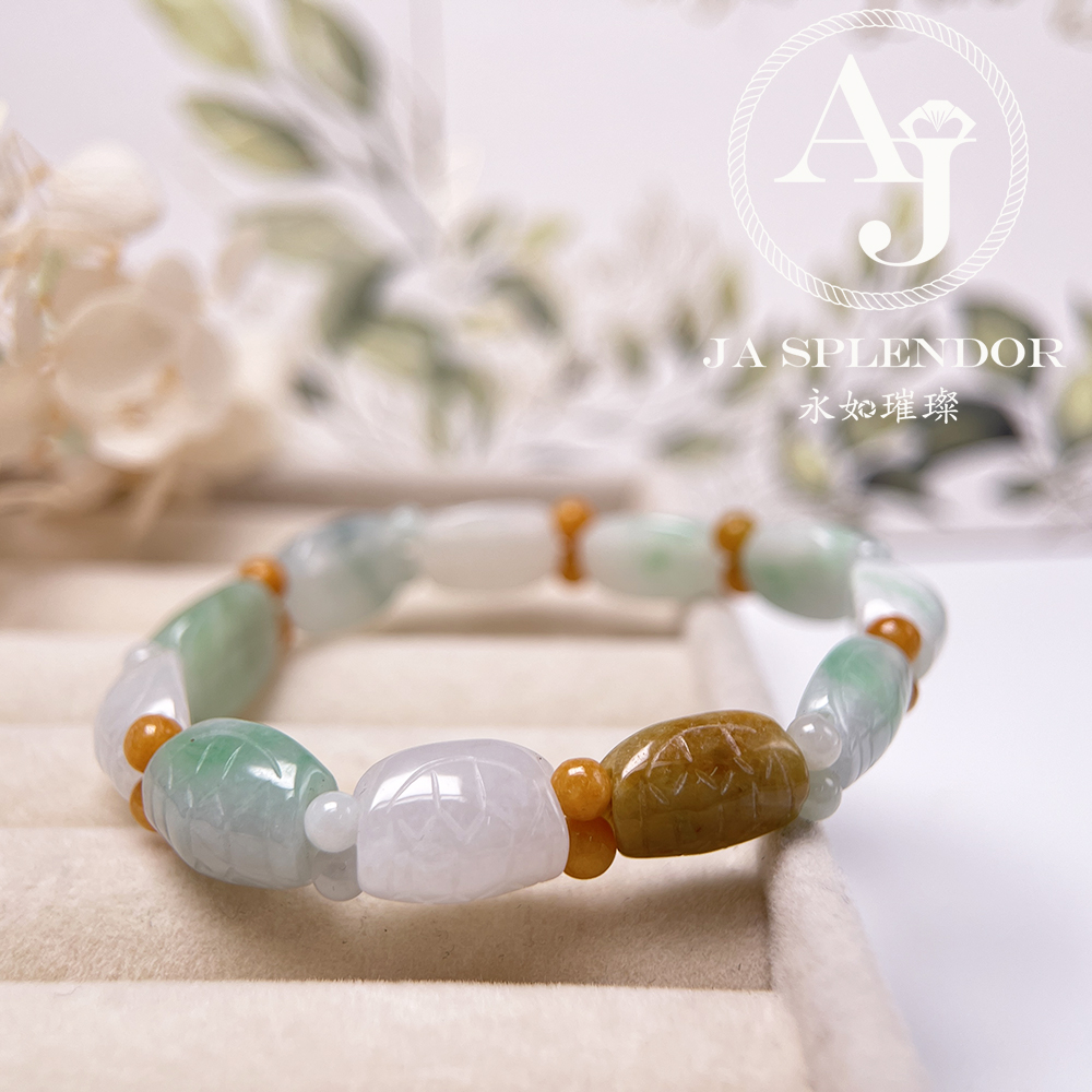 OF-06-J 天然翡翠A玉 - 冰潤三彩長壽吉祥龜貝手串